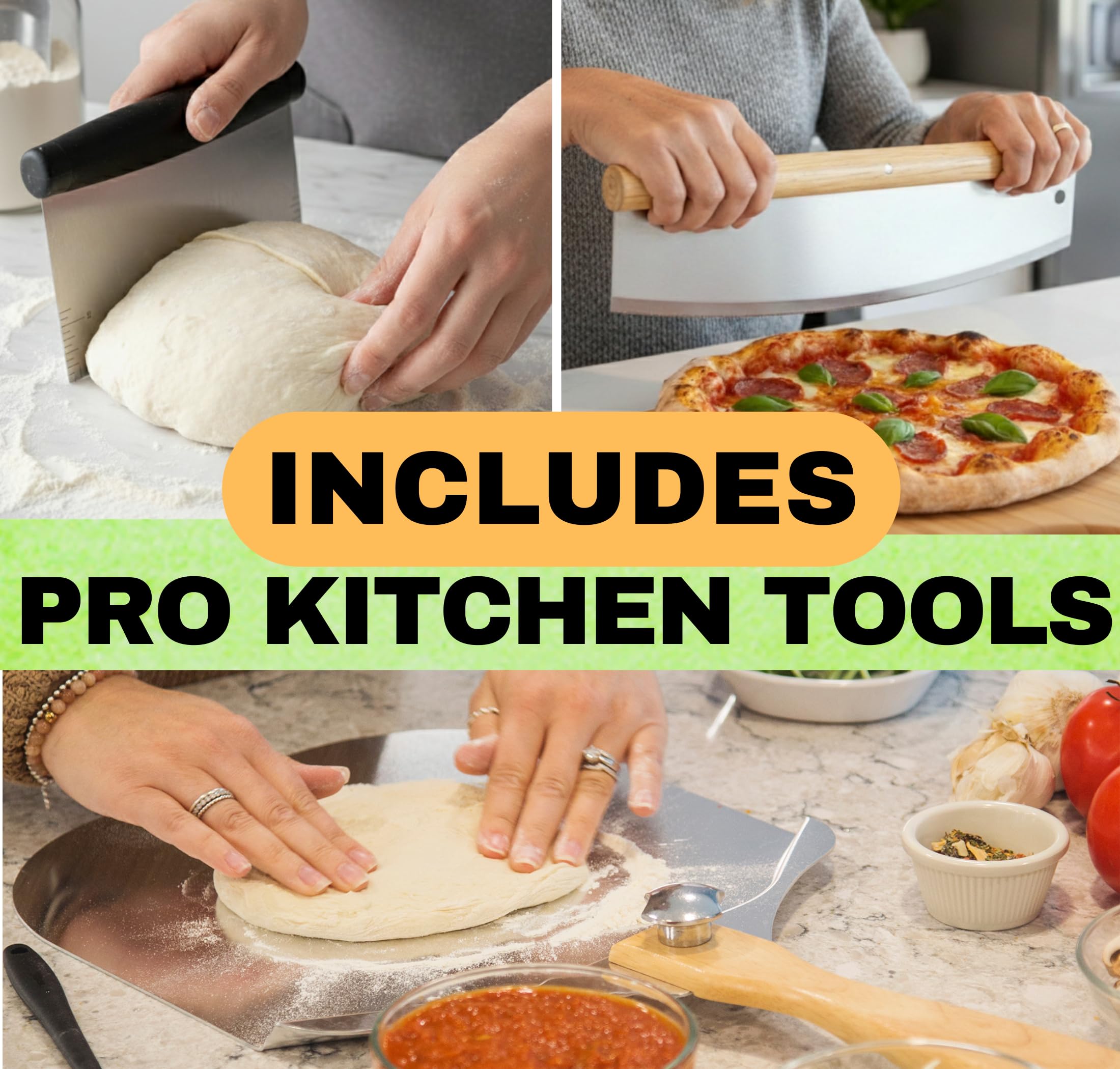 Runder Pizzastein für Backofen 40,6 cm – Großer Pizzastein mit Griffen, Pizzaschieber aus Metall, Pizzaschneider und Teigwerkzeug – Backstein für Ofenbrot – dicke robuste Cordierit-Backsteine