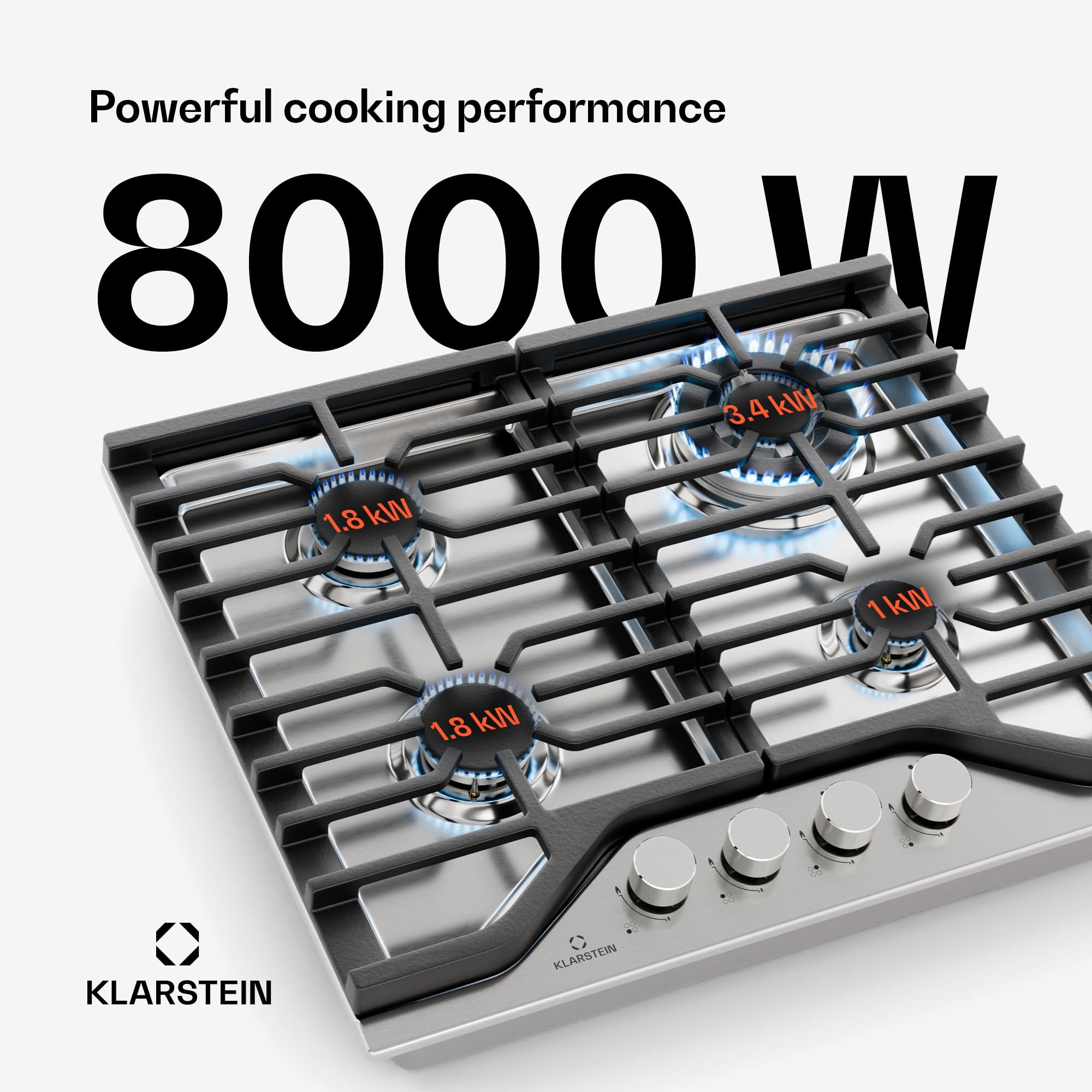Klarstein Turbocast Płyta gazowa - 4-palnikowa ze stali nierdzewnej, Palnik wok 3,4 kW, Żeliwne ruszty, Zapłon elektryczny, Wyłączanie bezpieczeństwa, Zestaw LPG, Kuchenka do elastycznego gotowania