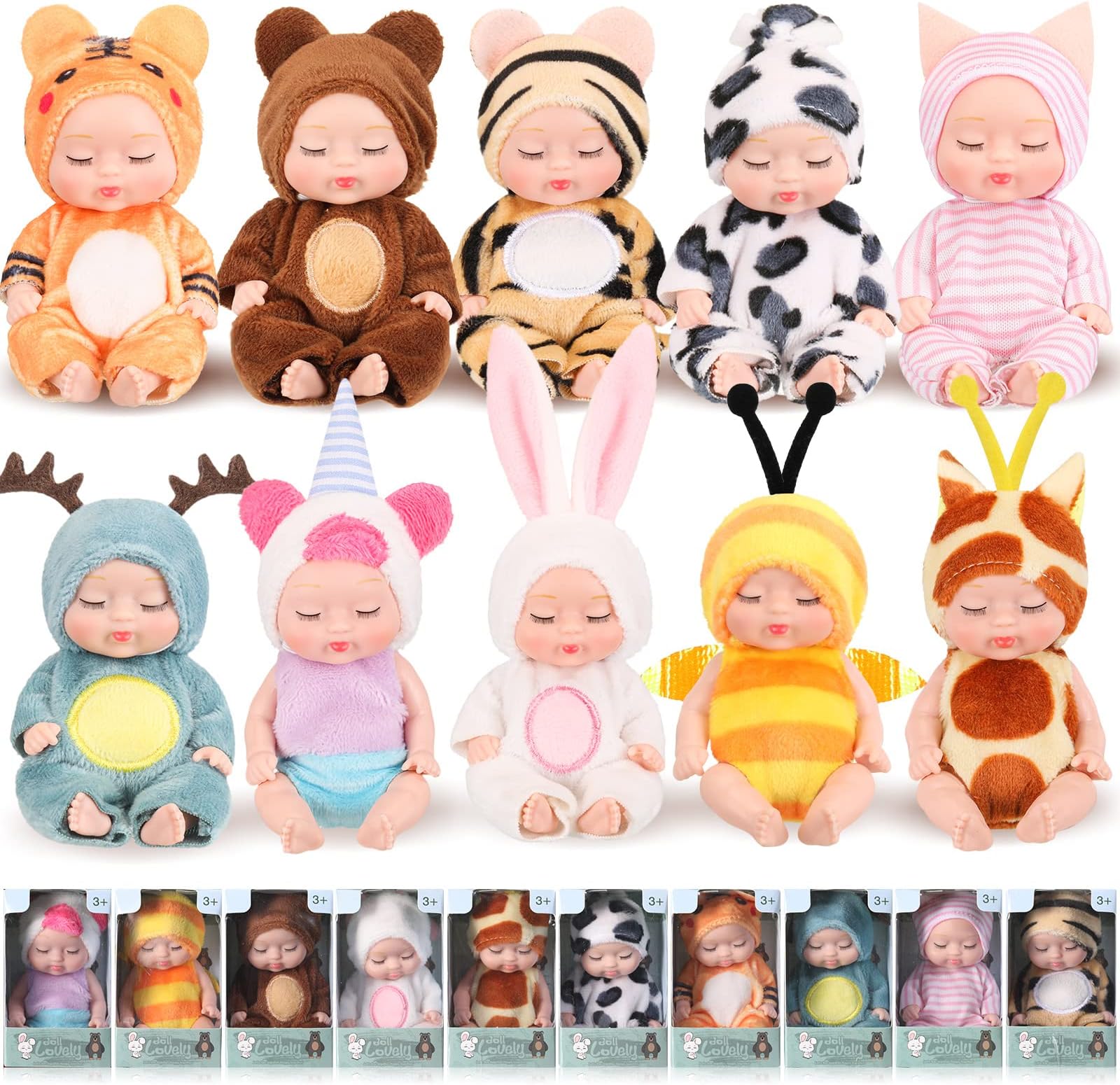 10 Pcs 4 Inch Mini Baby Dolls Lifelike Realistic Tiny Baby Dolls with Animal Clothes Cute Infant Figurine Gifts Set for Toddlers Girls Kids 3+ Easter Graduation Birthday(Lovely Style)