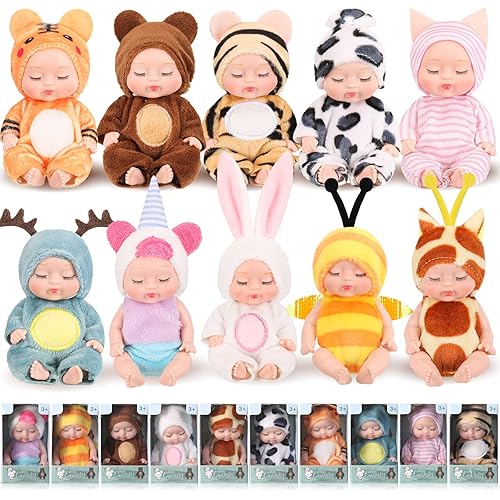 Hanaive 10 Pcs 4 Inch Mini Baby Dolls Lifelike Realistic Tiny Baby Dolls with Animal Clothes Cute Infant Figurine Gifts Set for Toddlers Girls Kids 3+ Easter Graduation Birthday(Lovely Style)