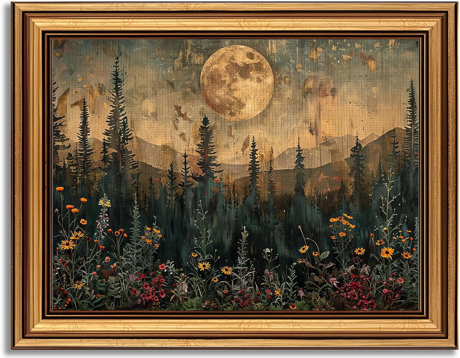 Devunaty Gold Framed Vintage Painting Wall Art Nature Wildflower Landscape Wall Decor Country Farmhouse Garden Floral Pictures Rustic Cottagecore Aesthetic Poster for Bathroom Living Room 16"x24"