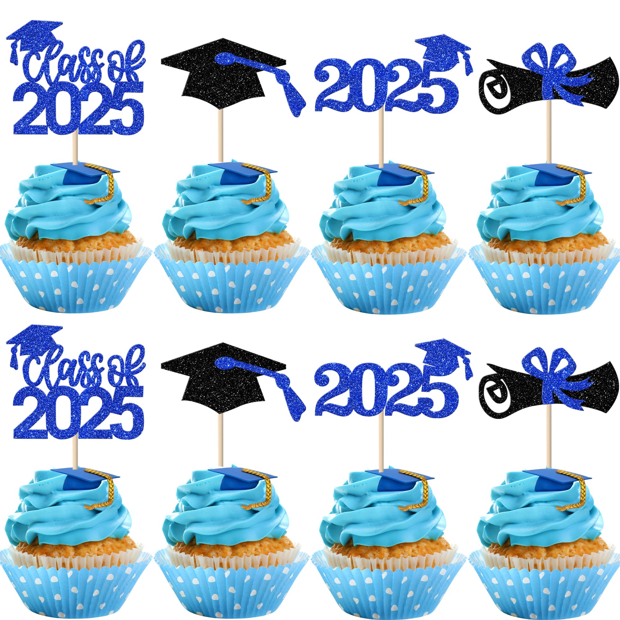 Xsstarmi 36 Pack Blue Glitter 2025 Graduation Cupcake Toppers Glitter Class of 2025 Grad Cap Diploma Cupcake Picks Decoration for 2025 Graduation Theme Party Cake Decorations