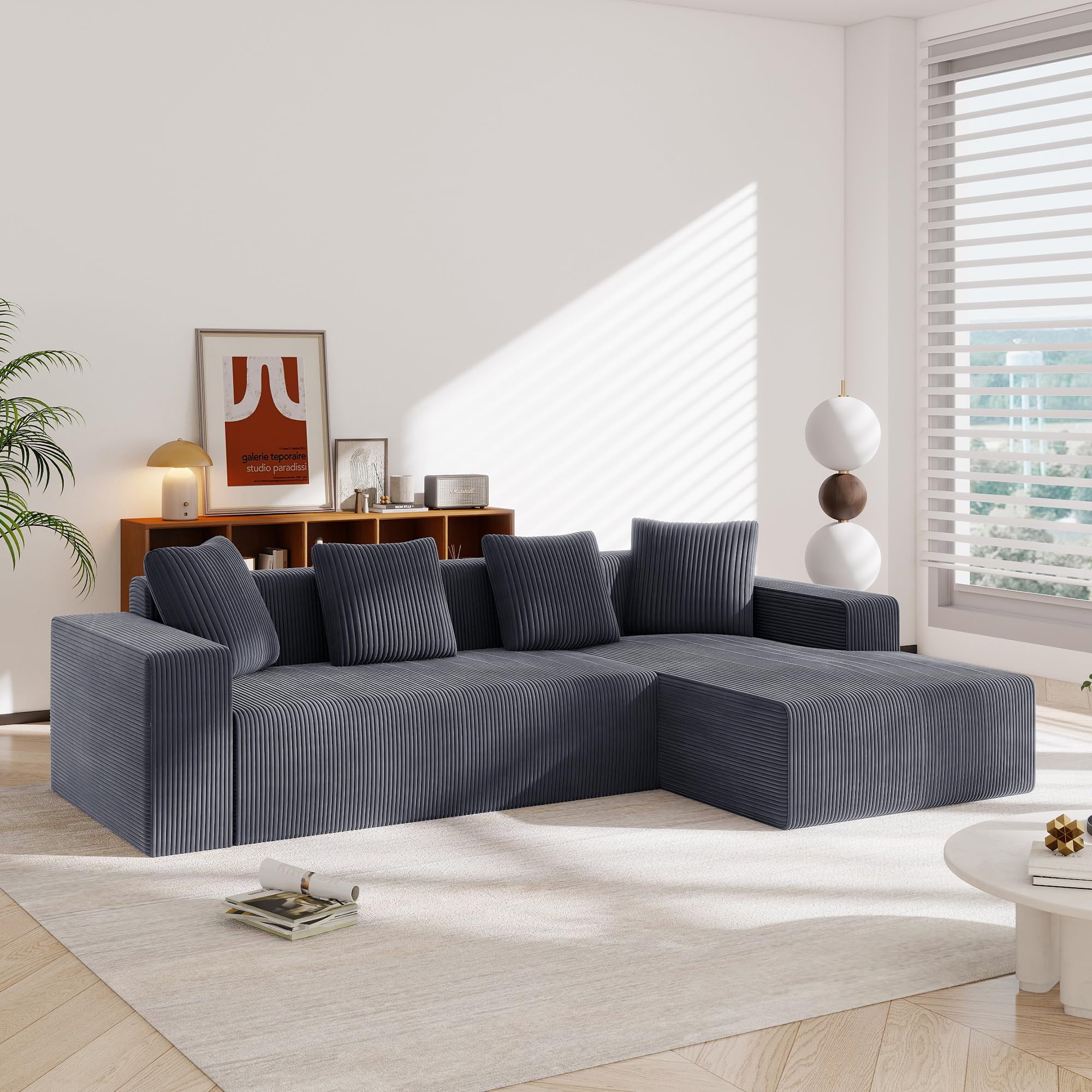Canapé D'angle Extensible En L Avec Méridienne Fixe Droite - Tissu Chenille Gris Foncé - Ports USB, Rangement - 4 Places