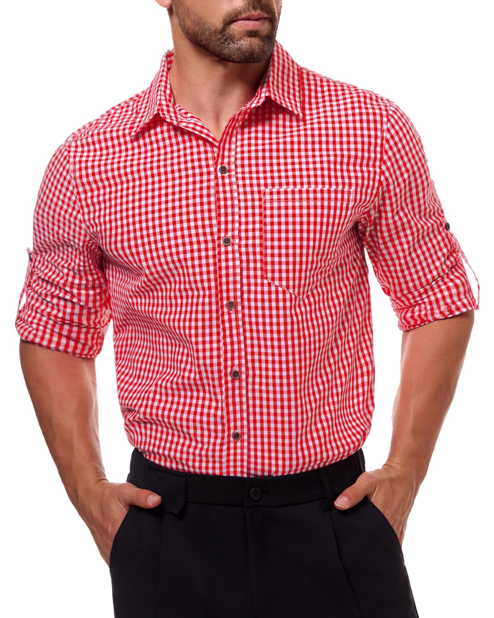 NANAMEEIMen's Traditional Shirt Red Blue Oktoberfest Checked Long Sleeve Traditional Shirt Casual Shirt Checked Shirt Cotton Slim Fit