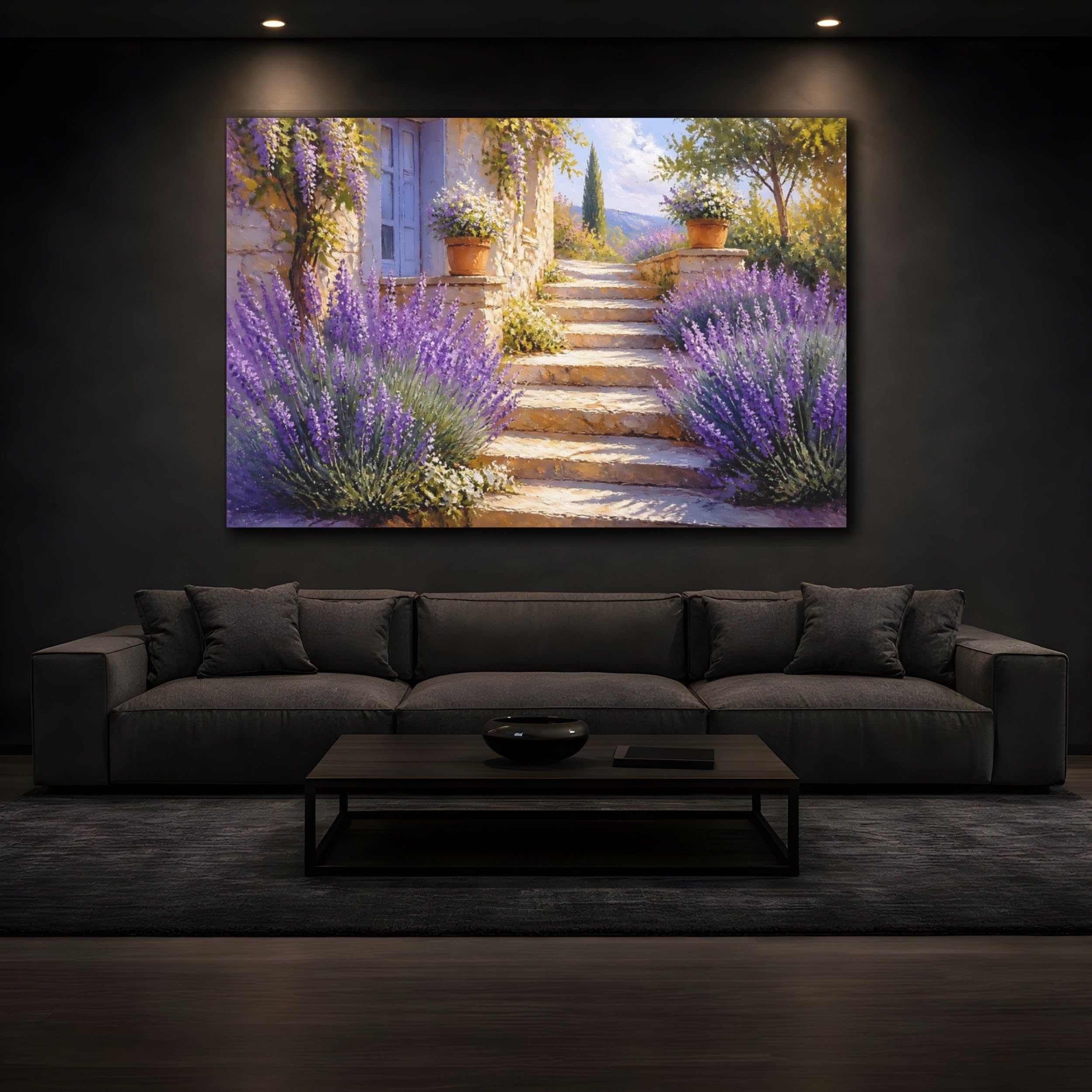 Sunlit Lavender Steps Canvas Print – Living Room, Above Fireplace, Purple & Warm Beige 18×12 inch (45×30 cm) - Horizontal / 1.25 inch (3 cm)