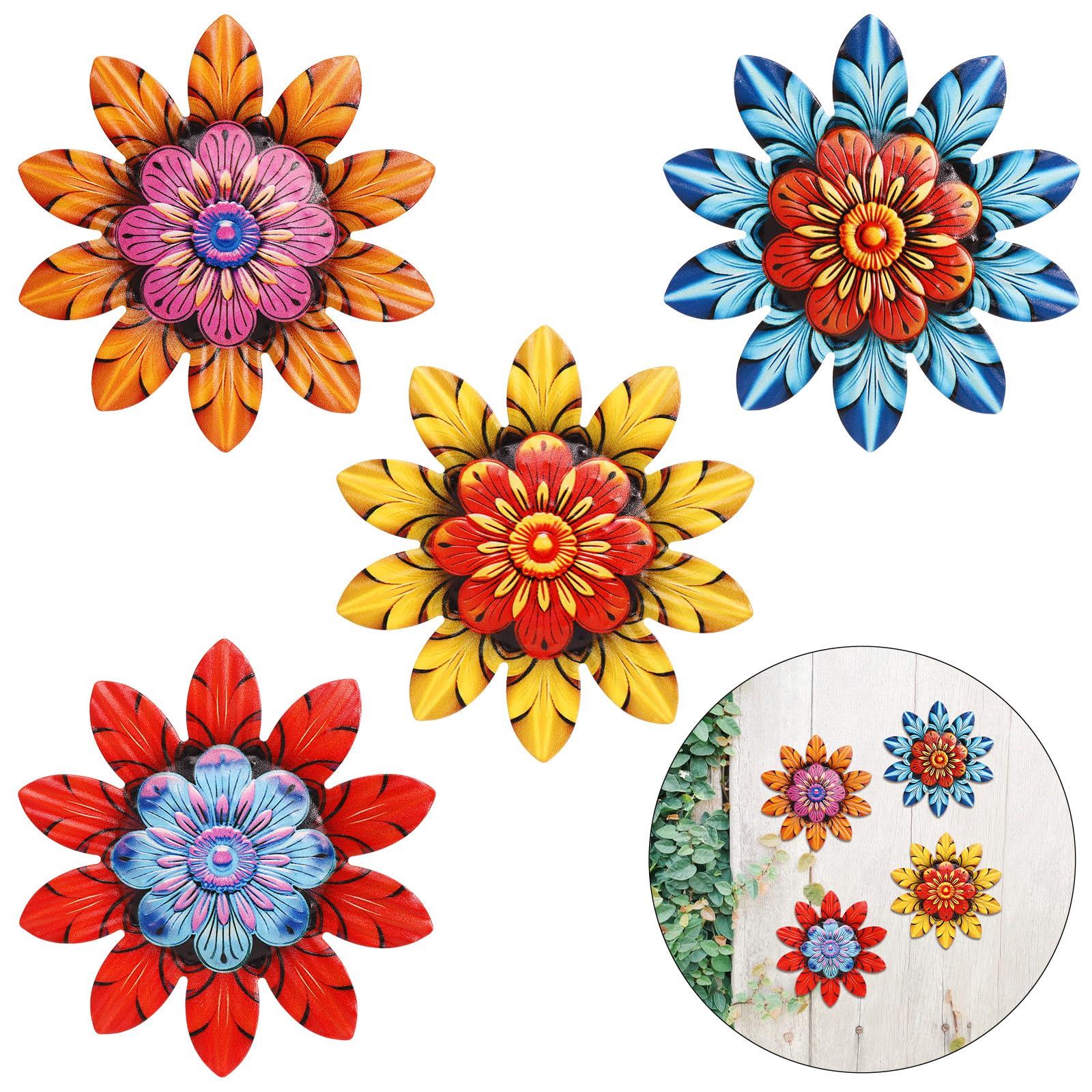 BINBE 4Pcs Metal Flower Wall Decor Outdoor Garden Hanging Sculpture 4 Styles Colorful Metal Flower Decor for Patio Garden Fence Yard Patio Balcony