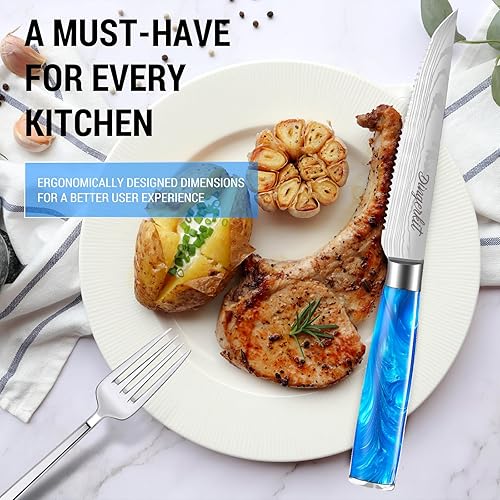 Miniatura 2 de Dingerkit Juego de 4 cuchillos para carne, cuchillos de carne dentados, cuchillos de carne de acero inoxidable con mango de madera de Pakkawood,