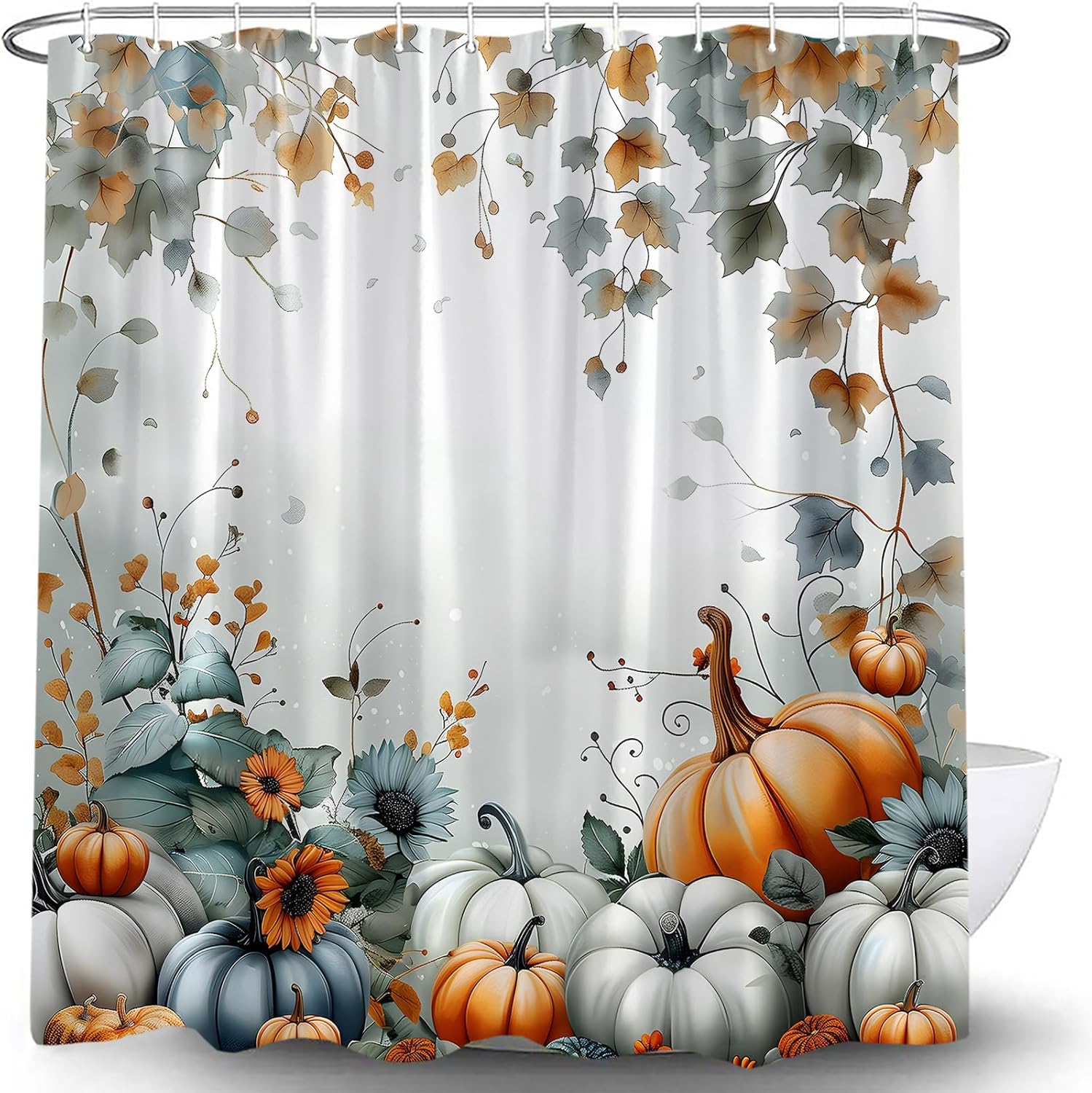 Fall Thanksgiving Shower Curtain Watercolor Autumn Pumpkins Blue Orange Leaves Harvest Farmhouse Seasonal Rustic Nature Scenery Fabric Bathroom Curtain Set with Hook
