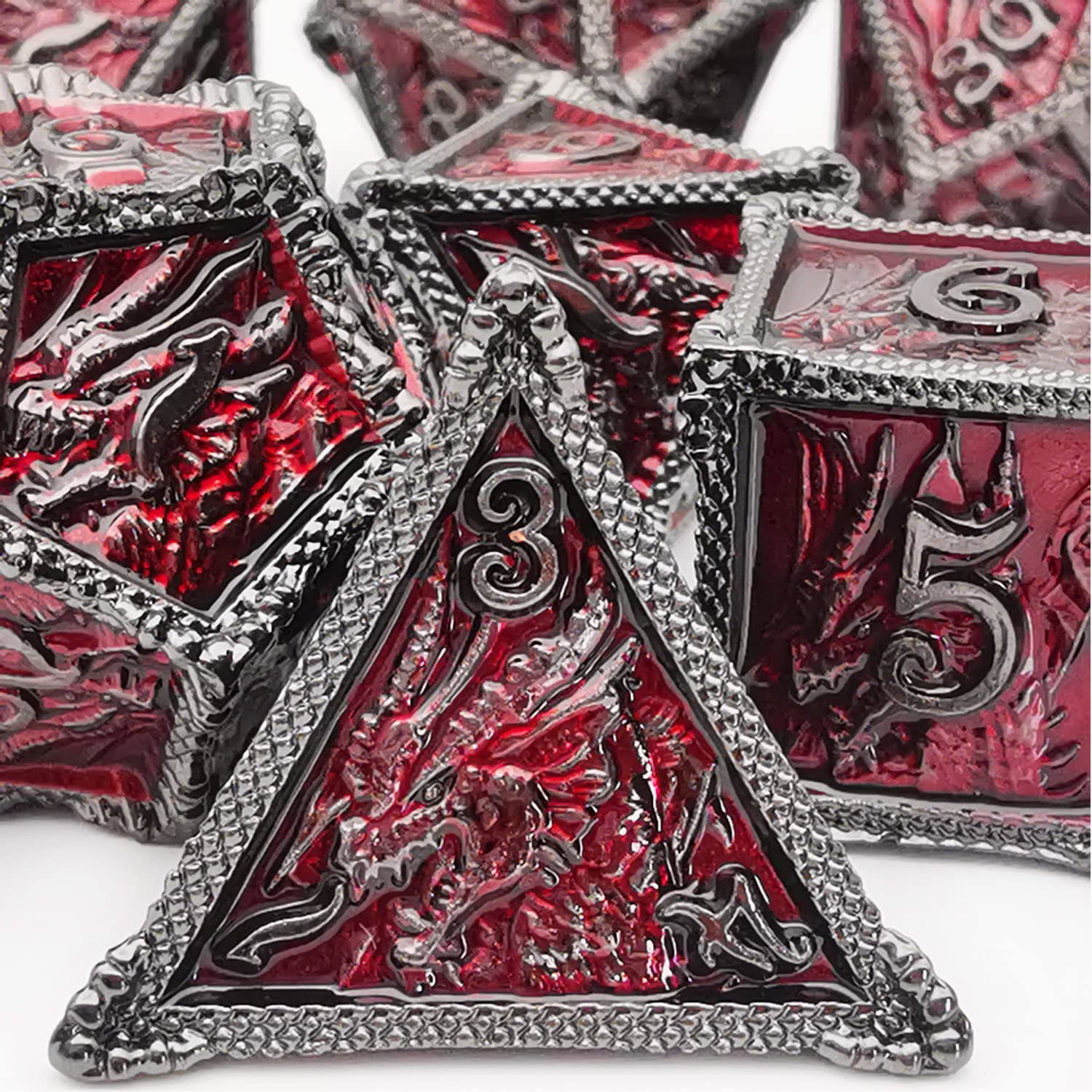 HAOMEJA DND Dice Metal Dragon Dice Set 7 Role Playing Dice D&D Solid Dice Dungeons and Dragons (Black Nickel Red)