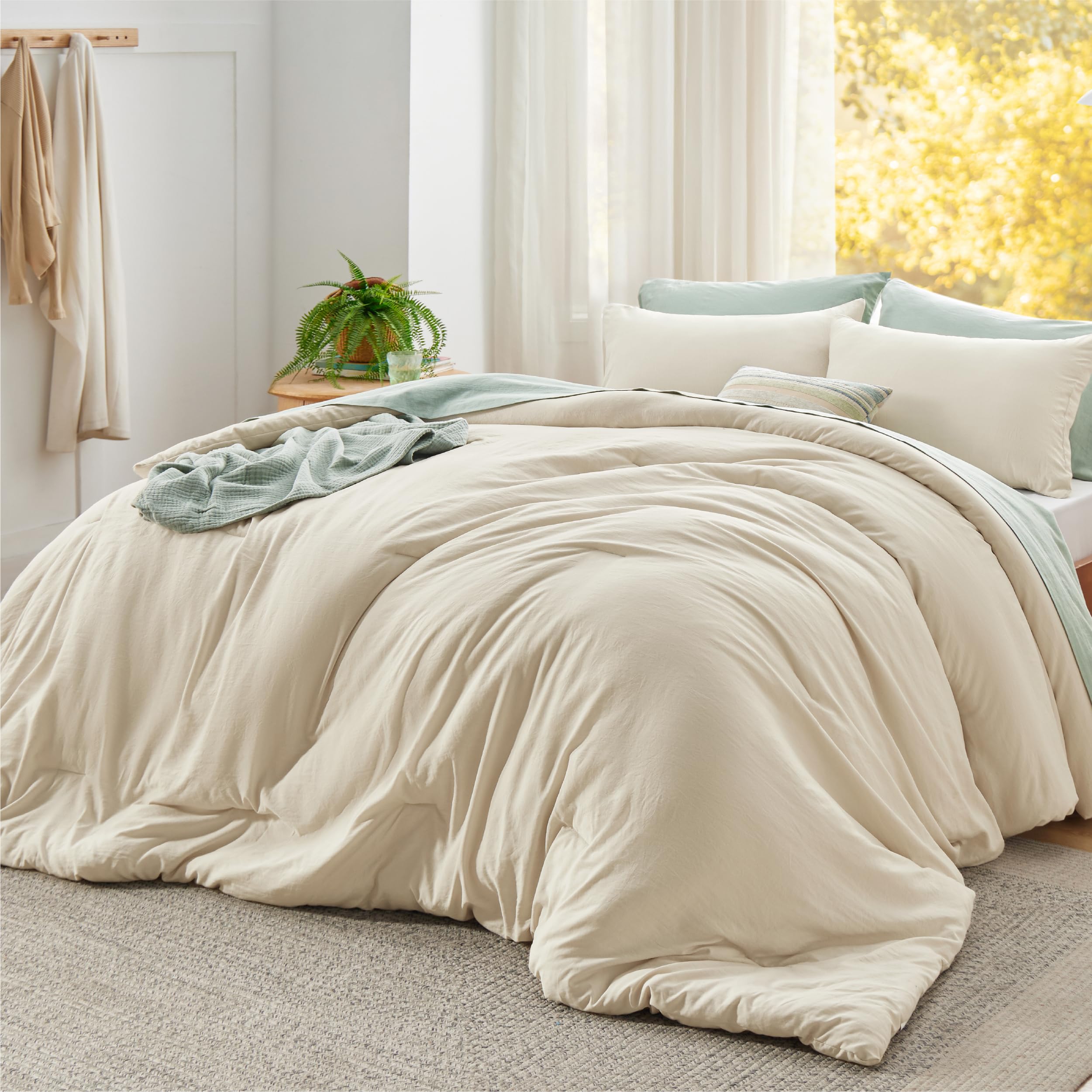Bedsure Super King Plus Size Comforter Set, Cream Soft Prewashed Bedding for All Seasons, 3 Pieces GentleSoft™ Bed Set, 1 Lightweight Comforter (128"x120") and 2 Pillowcases (20"x36")