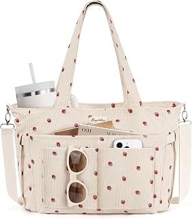 Corduroy Tote Bag for Women, 17 Pockets Lightweight Crossbody Bible Teacher Nurse Shoulder Bag for Daily School Travel Gym