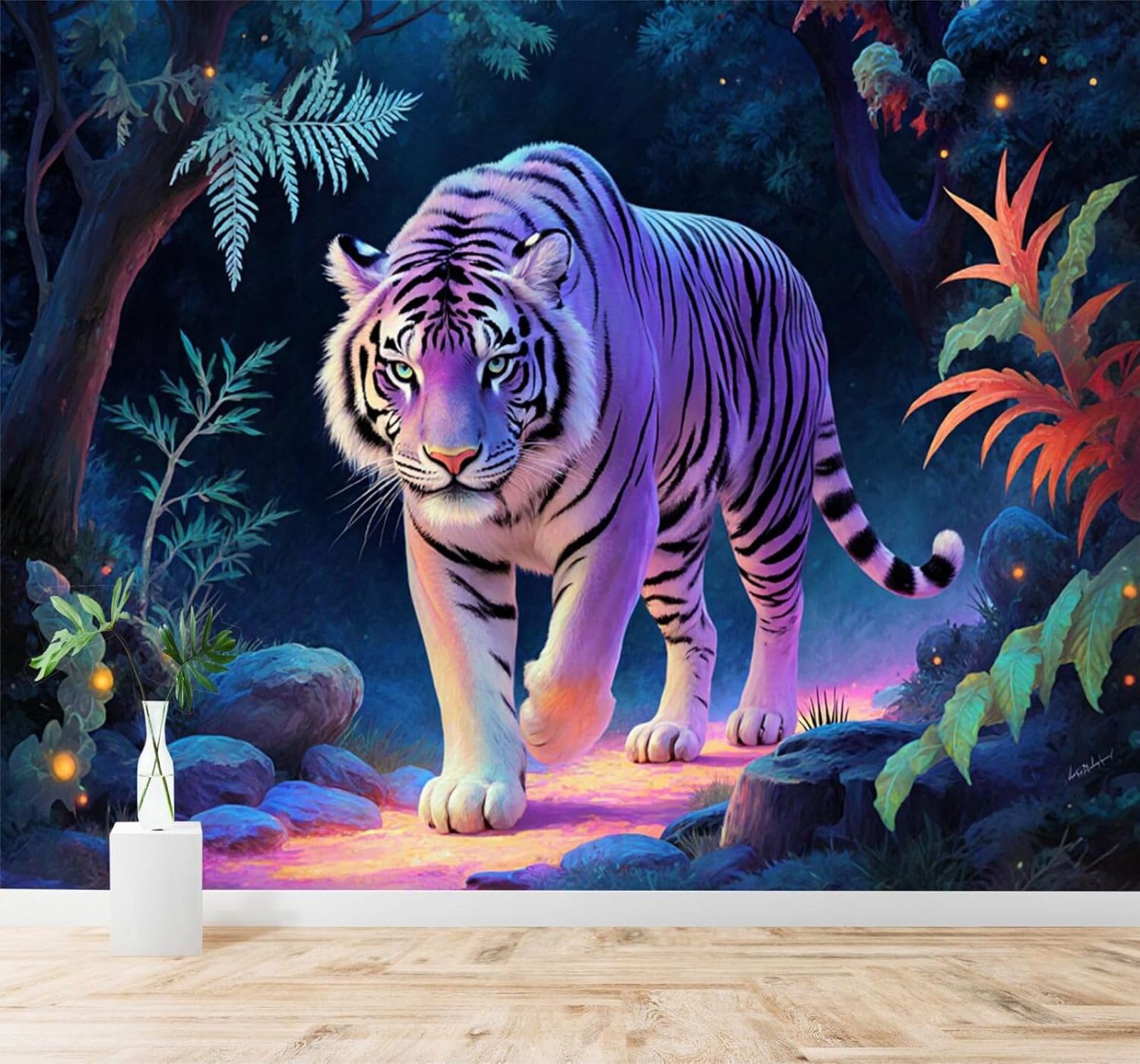 Tzxztt White Tiger Forest Glowing Path Colourful Plants Modern 3D Wallpaper Premium Textured Silk Neutral Tones Material Ideal for Living Room Bedroom-350cm×256cm