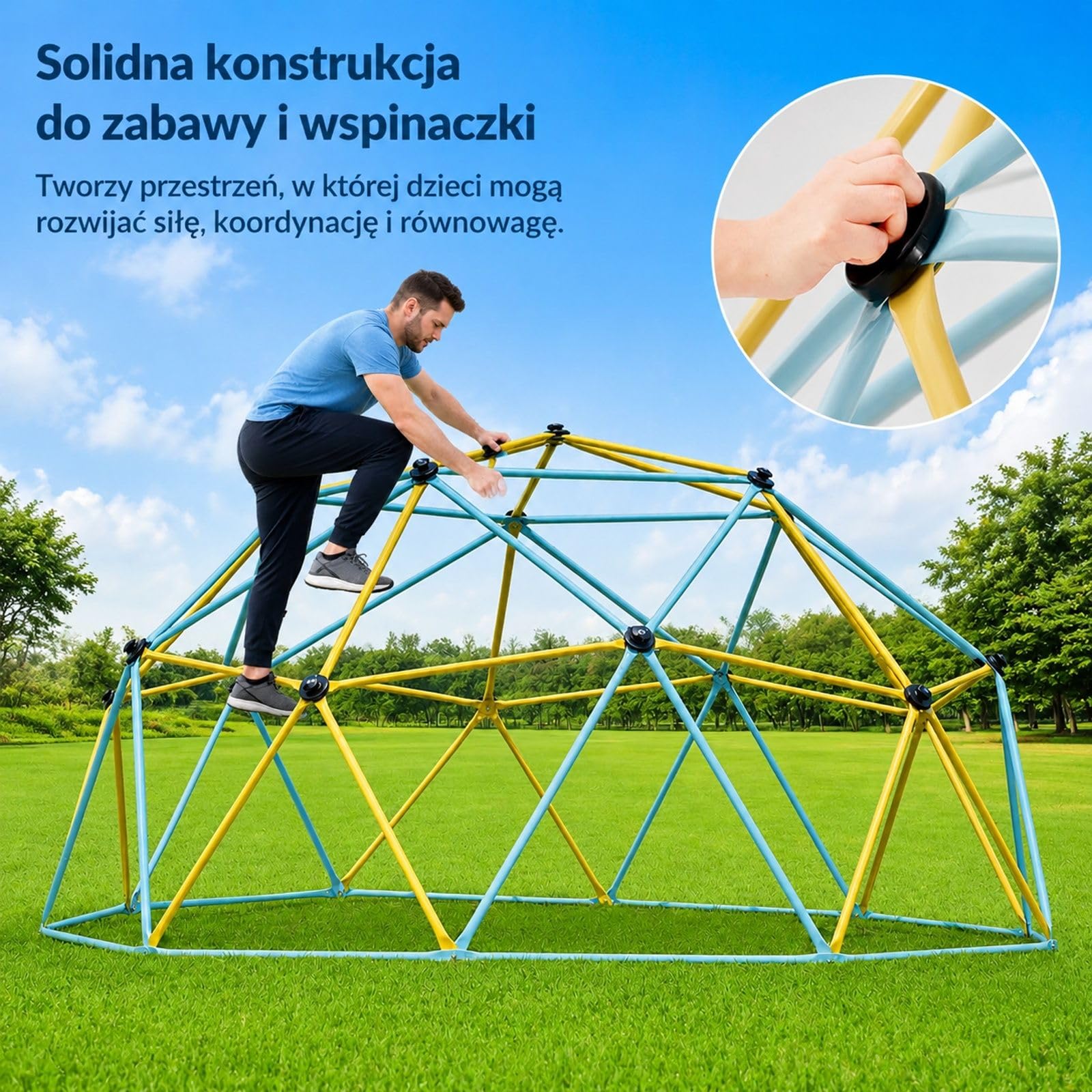 Geometryczna kopuła wspinaczkowa do ogrodu i na podwórko, stalowa rama z kolorową powłoką proszkową