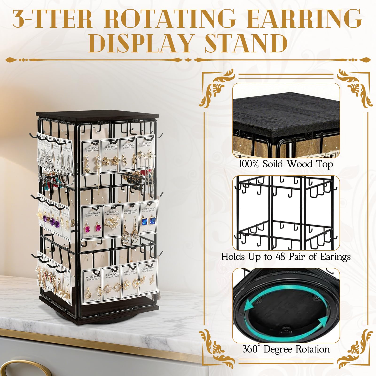 LIROPAU Rangement Rotatif à 360° Pour Boucles D'oreilles à 3 étages Avec 48 Crochets, Présentoir à Bijoux En Bois Pour Vendeur, Organisateur De Bijoux, Organisateur De Bijoux, Marron