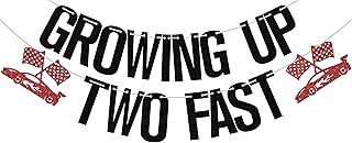 Growing Up Two Fast Banner, Happy 2nd Birthday Decorations, Race Car Theme Party Decors, Racing Party Second Birthday Party Supplies Black Red Glitter