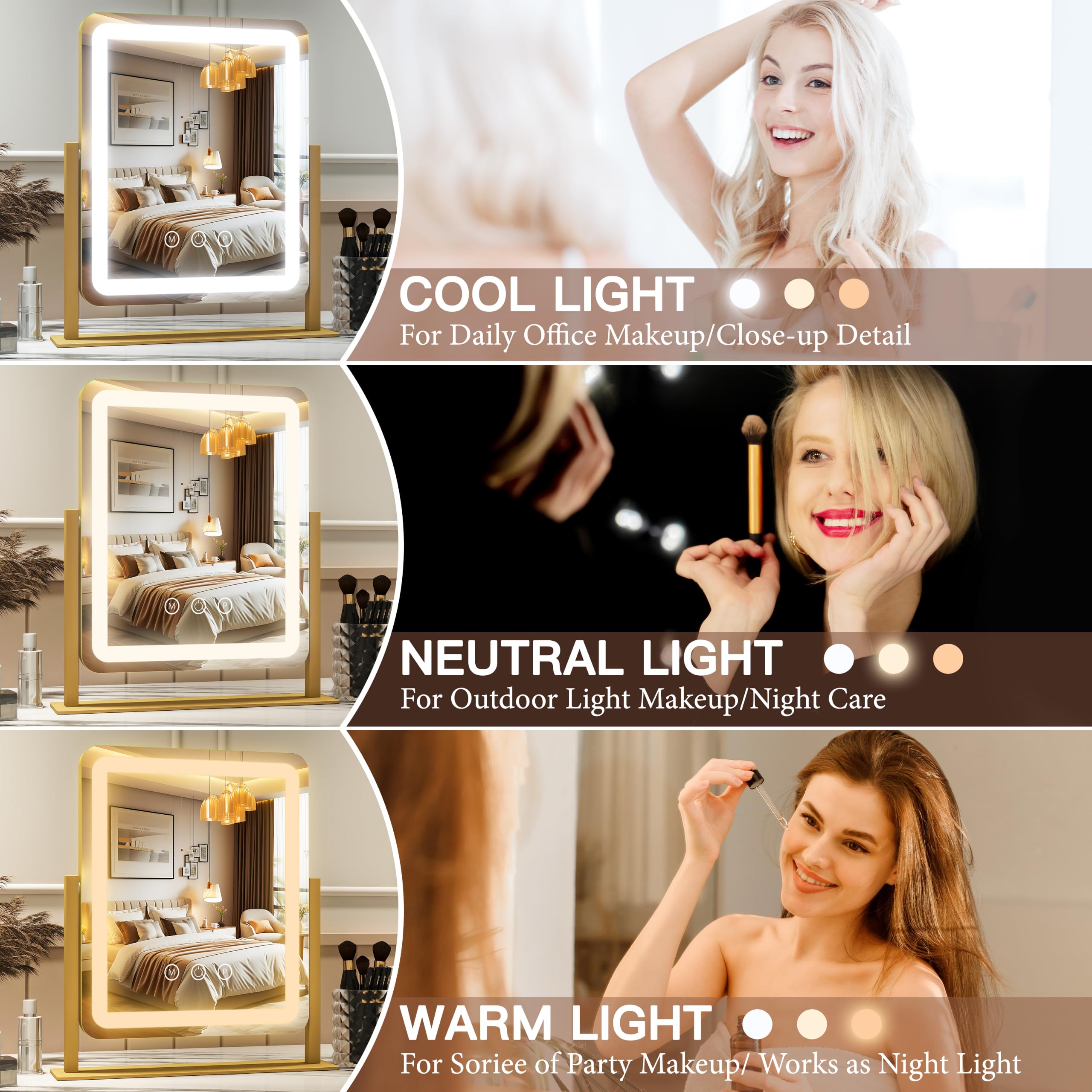 FENNIO Miroir de courtoisie avec lumières – 38,1 x 32 cm, grand miroir de maquillage avec lumières LED, écran tactile avec éclairage 3 couleurs, intensité variable, pour coiffeuse, bureau, chambre à