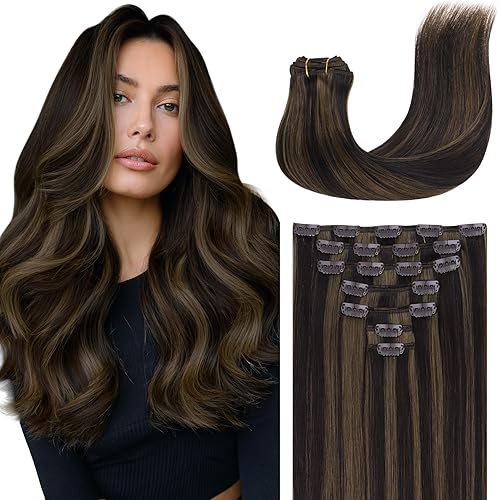 GOO GOO Clip in Hair Extensions Real Human Hair, Remy Human Hair Extensions Clip ins for Women, Natural Human Hair, 26inch 180g 7 Pcs, #2/6 Dark Brown Highlighted Chestnut Brown