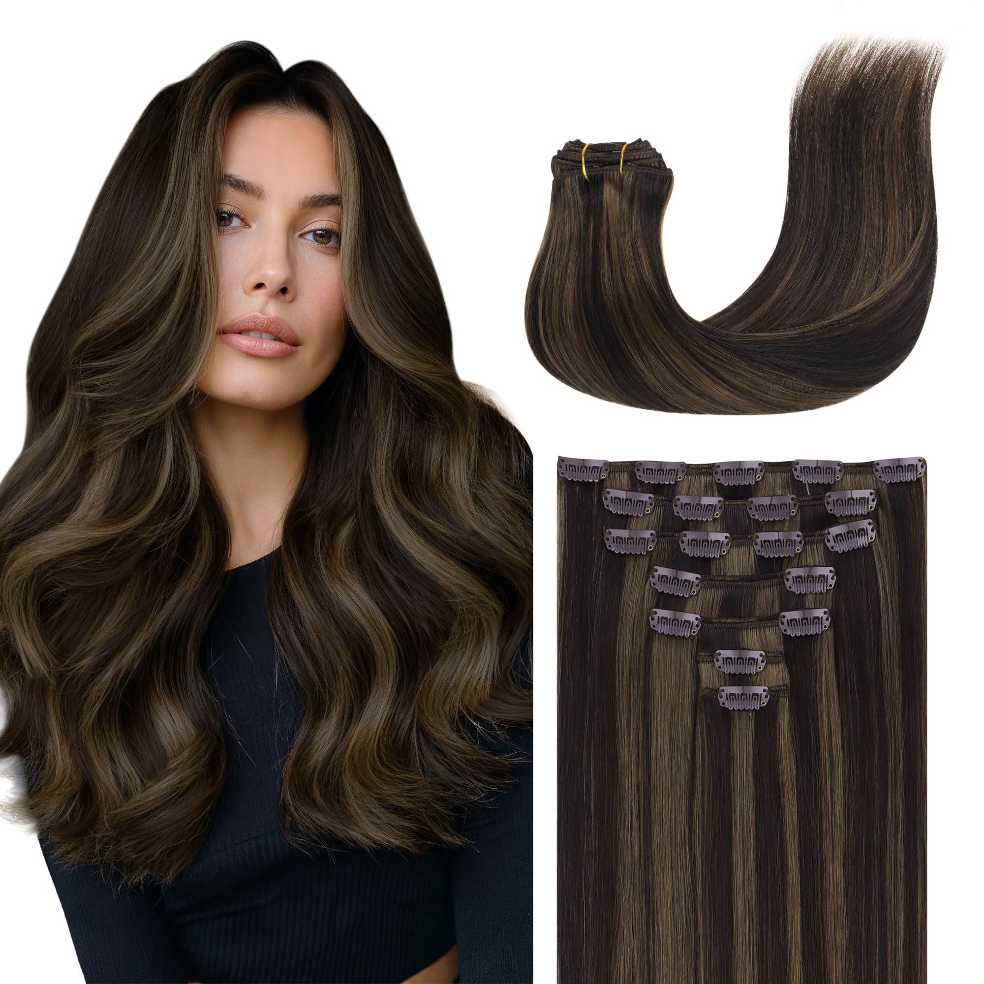 GOO GOO Clip in Hair Extensions Real Human Hair, Remy Human Hair Extensions Clip ins for Women, Natural Human Hair, 22inch 170g 7 Pcs, #2/6 Dark Brown Highlighted Chestnut Brown