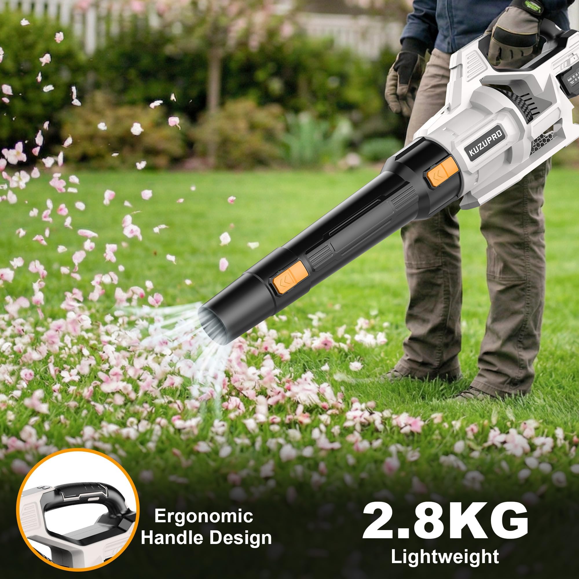 Soffiatore a Batteria, KUZUPRO Soffiatore per Foglie 21 V con 2 Batterie da 4,0 Ah e Caricabatterie, 240 km/h, 3 Velocità Regolabili, 2 Ugelli e Tracolla per Giardino, Cortile e Terrazza