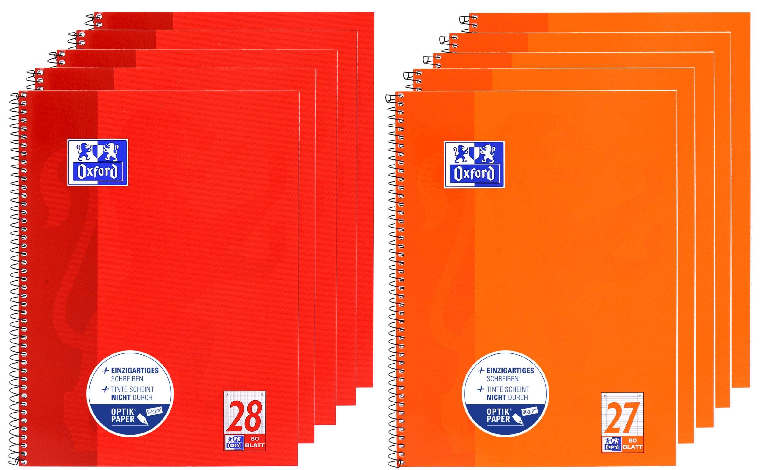 Oxford Schule Collegeblock A4, 5 linierte und 5 karierte Blöcke, rot, orange, 10er Pack & DUO Collegeblock A4 kariert und liniert kombiniert in einem Block, blau, 3er Pack