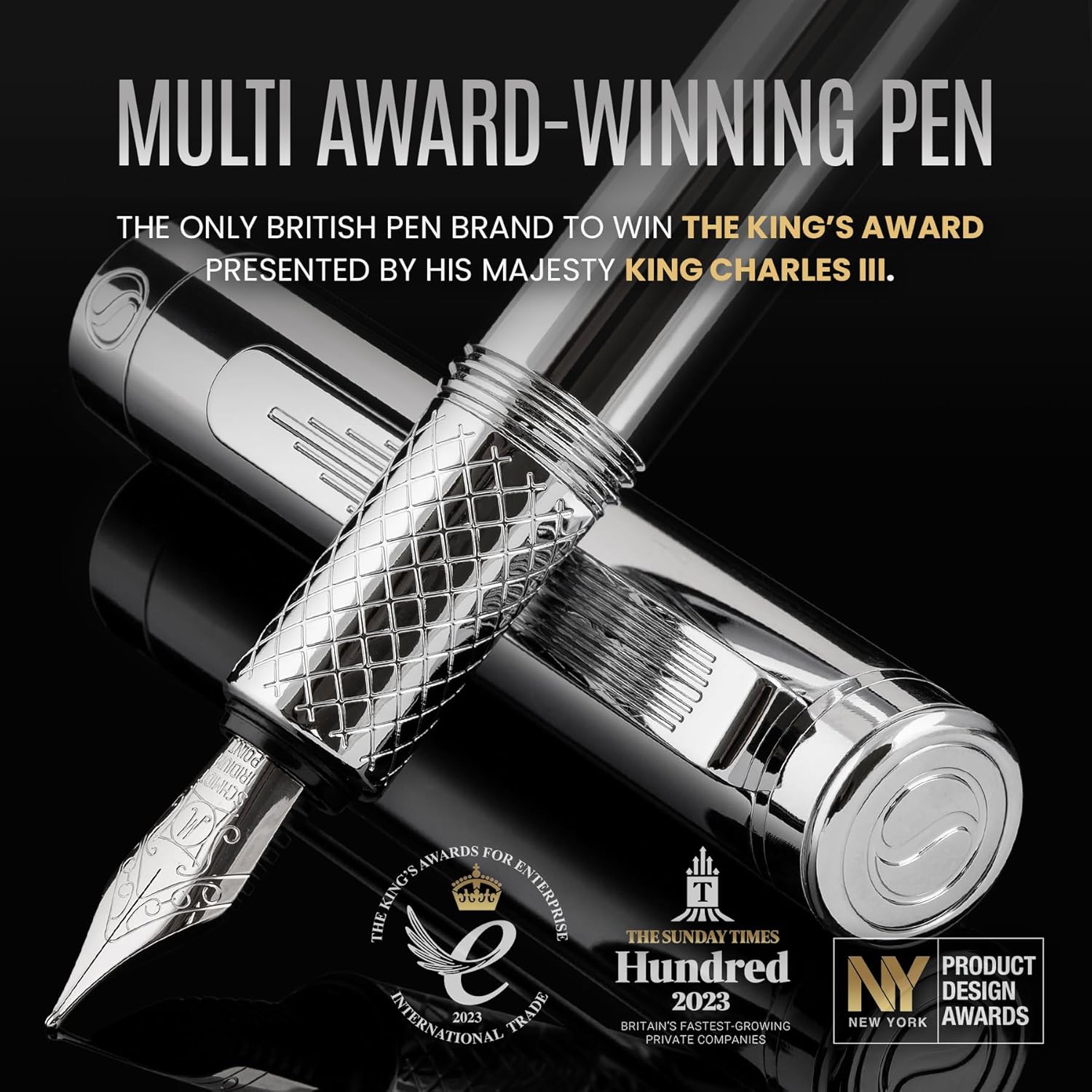 Scriveiner Silver Chrome Fountain Pen (Fine), Award Winning Luxury, Heavy Pocket, Chrome Finish, Schmidt Nib, Converter, Best EDC Writing Pen Gift Set for Men & Women, Nice Office Fancy