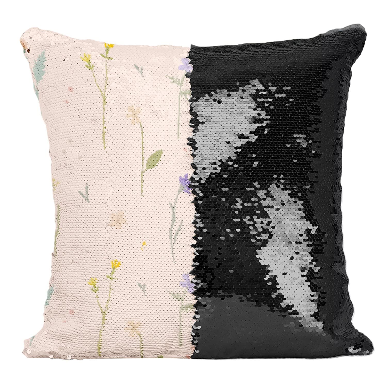 Housse coussin fleurs des champs sequins noirs motif floral rose