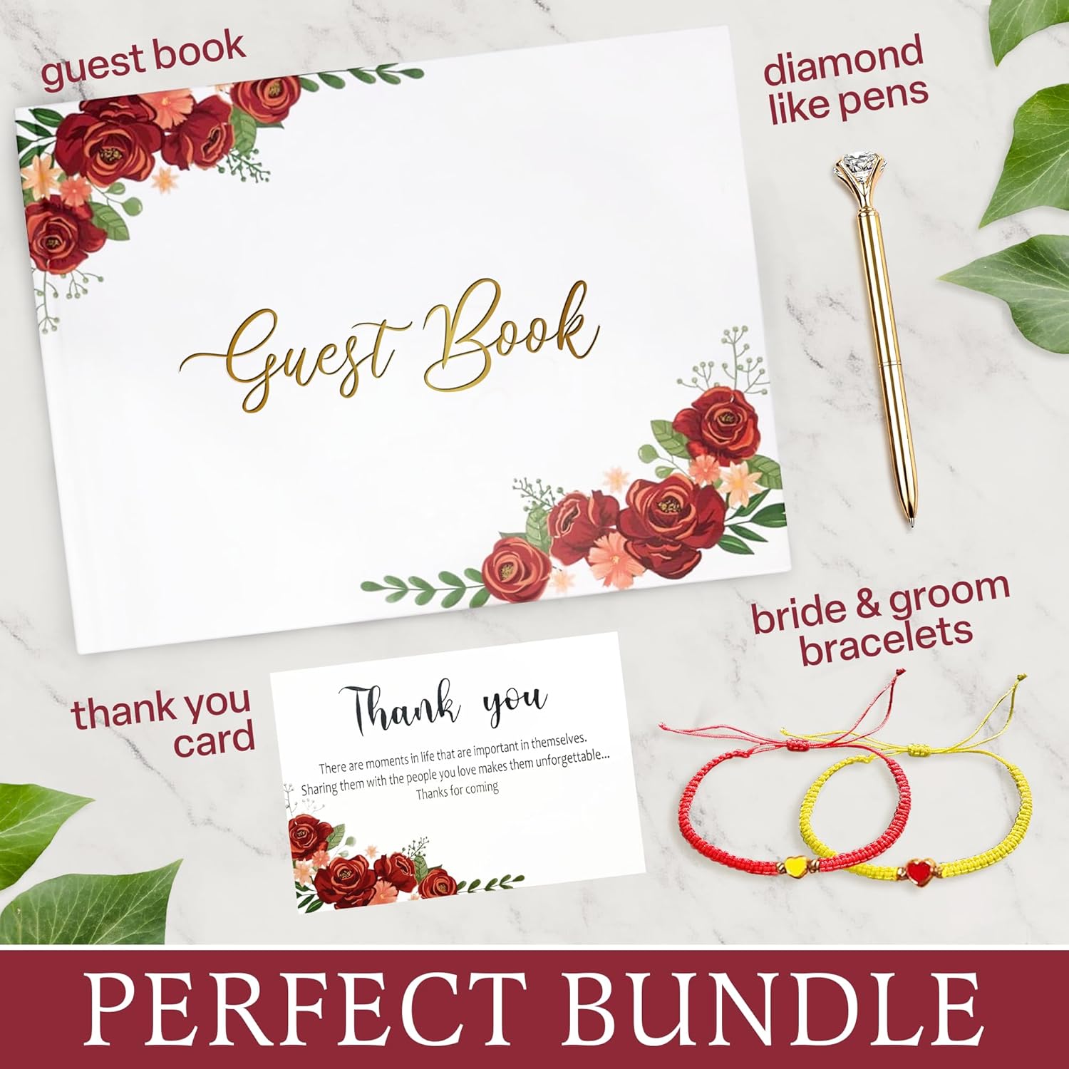 Modern Wedding Guest Book, Guest Book Includes a Pen, Baby Shower Guest Book for Party a Thank You Card, Guest Book Wedding Reception Two Brazalet, Wedding Scrapbook Design of Red Roses