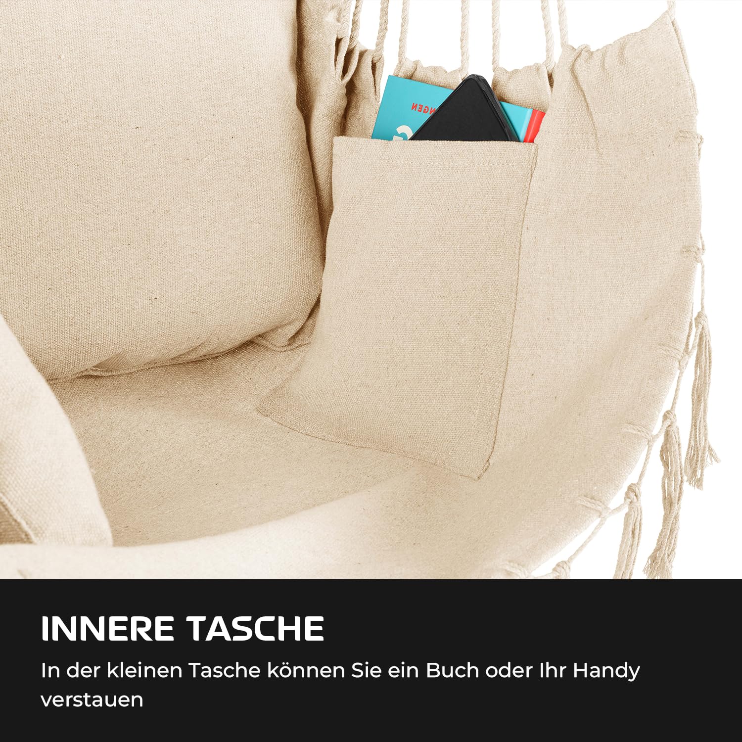 Hängesessel mit Kissen 100x130x75cm – bis 150 kg - Outdoor Sessel mit Kissen - Sitzsack zum Hängen Schaukel Für Garten und Zimmer – Boho – Fransen Brasilianischer Stuhl - Beige