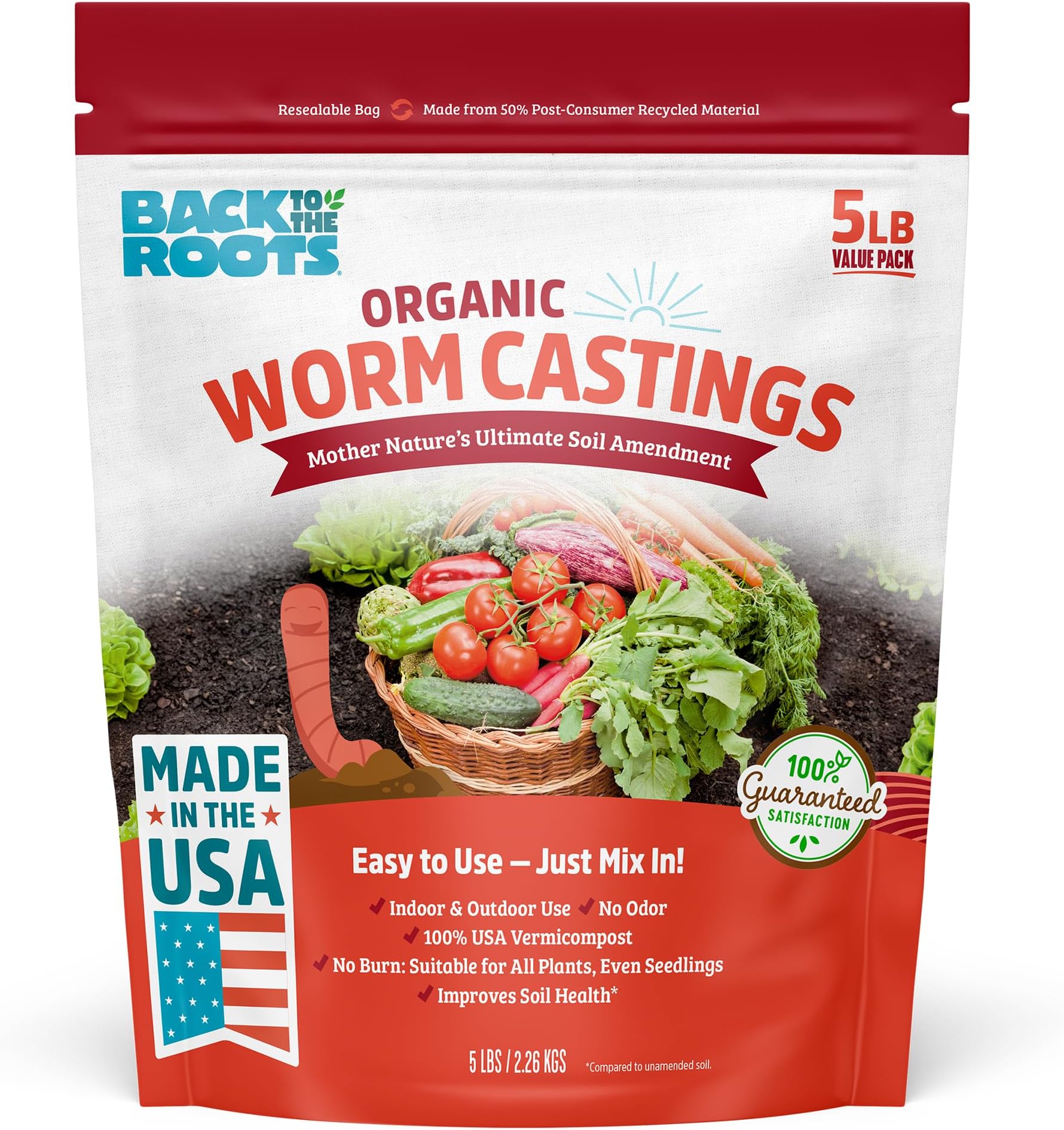 Back to the Roots 100% Organic & Made in USA Worm Castings, All Natural Plant Fertilizer and Soil Enhancer, 5lb Value Pack