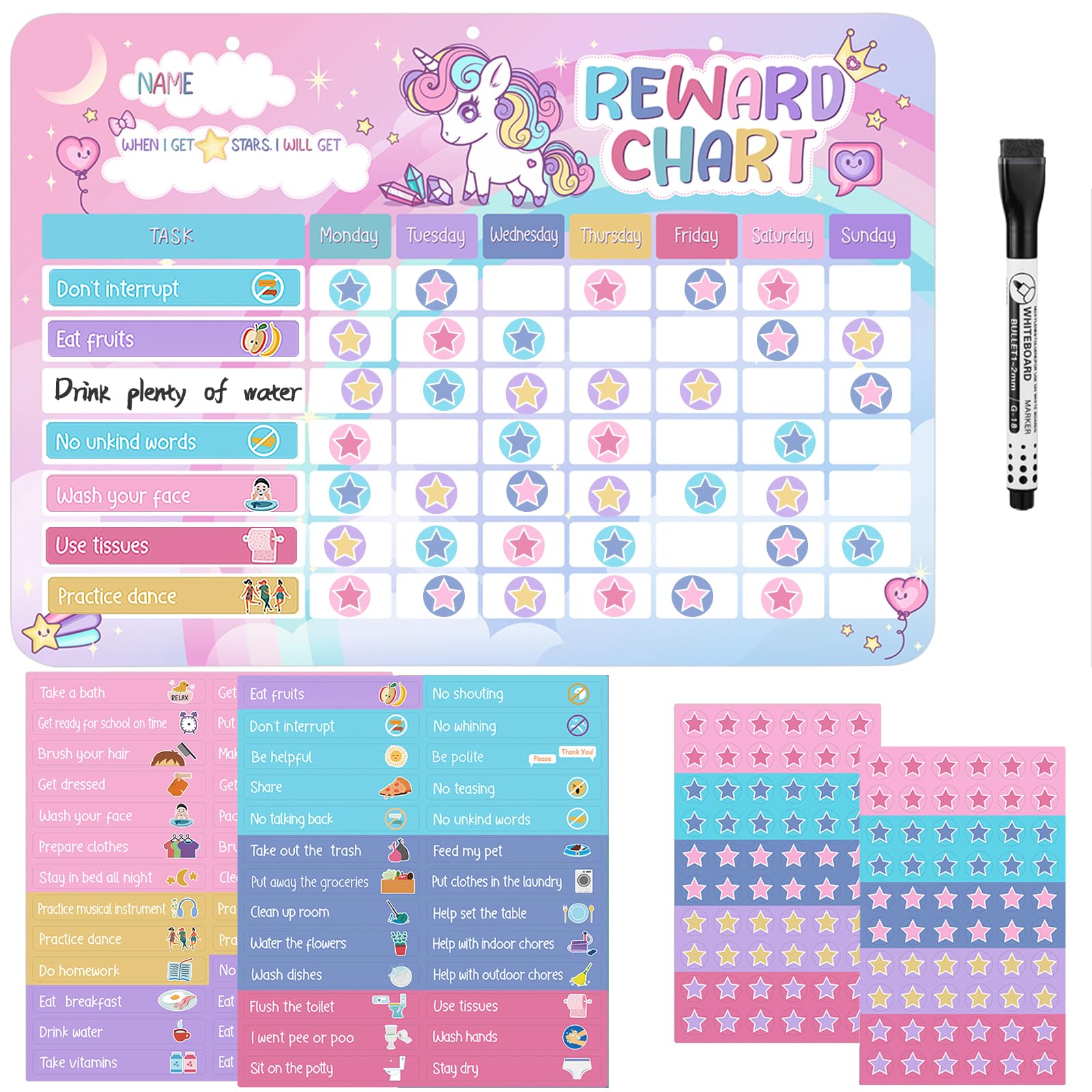 Magnetic Reward Chart for Kids, Behaviour Charts for Children with 52 Behaviour Stickers, 120 Star Stickers for Good Habits, Routine, Potty Training (Unicorn)