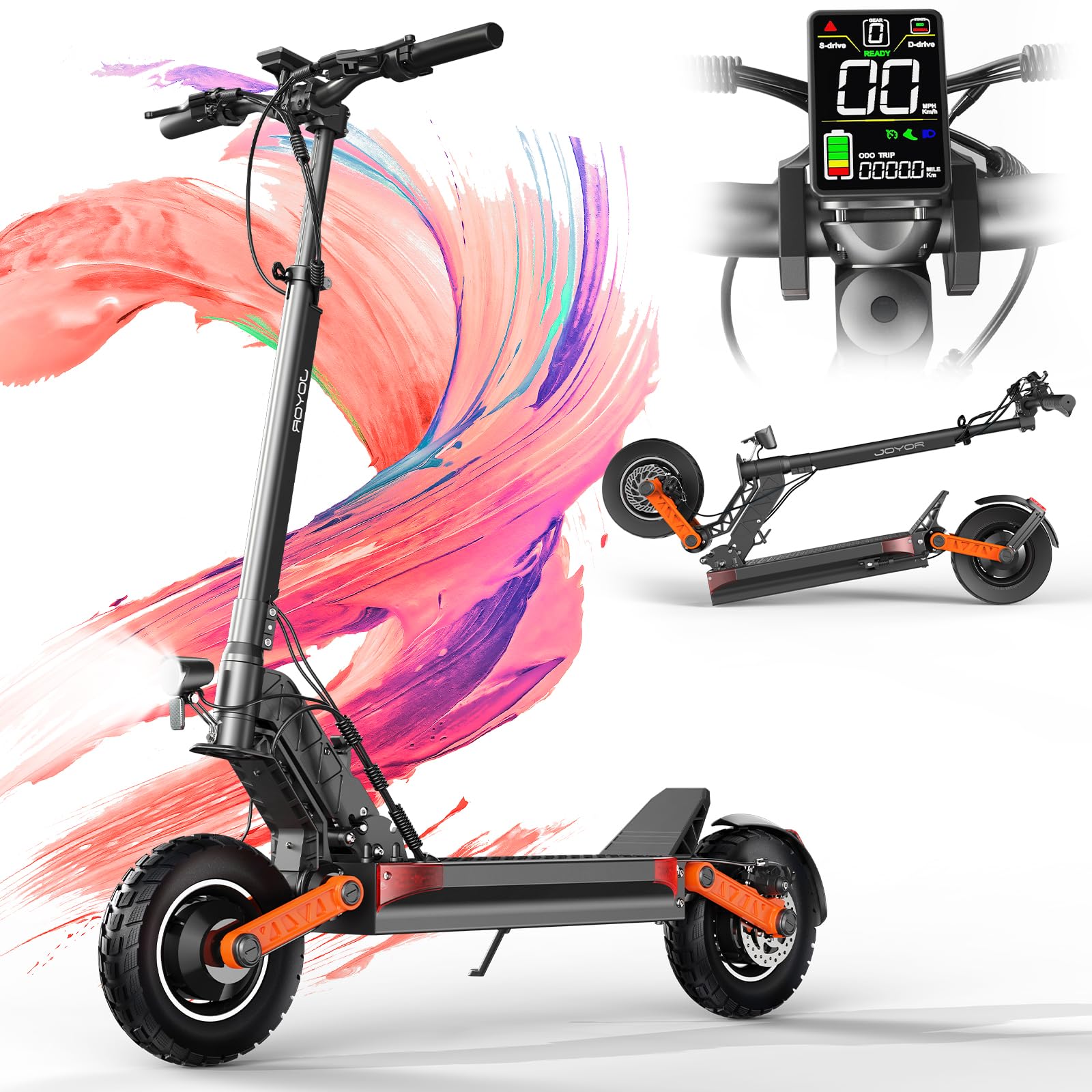 JOYOR E Scooter Roller S/Y/F-Serie, Reichweite von 40-100 km, Escooter 150 kg Tragkraft Einzel/Doppelmotoren, E Roller mit 10-Zoll-Geländereifen