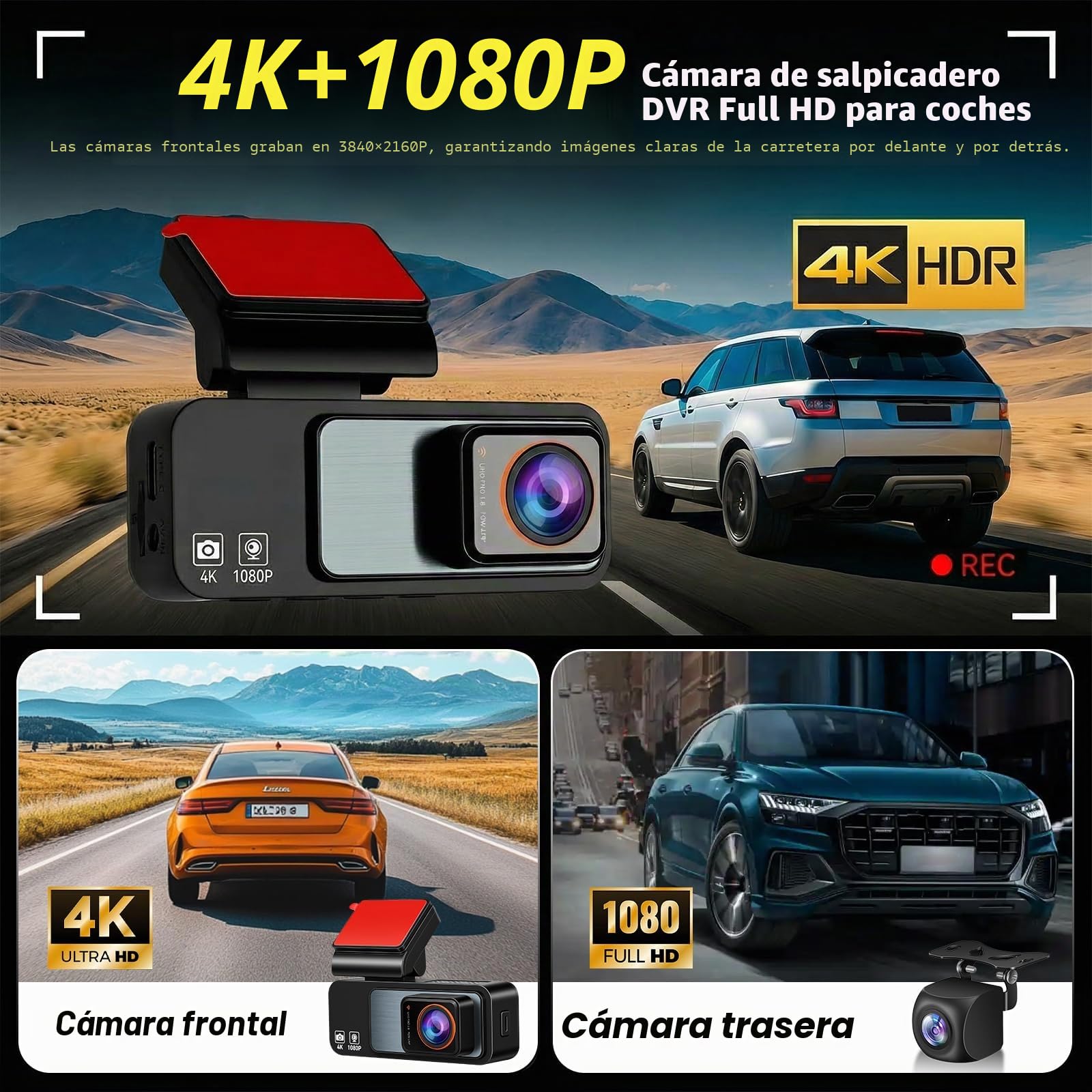 4K+1080P Camara para Coche Grabacion con Tarjeta de 64 GB, LCD Dash CAM Coche de 3,16" con GPS WiFi, Dashcam con Gran Angular de 150°, Grabación en Bucle y Sensor G, Cámara Trasera Resistente al Agua
