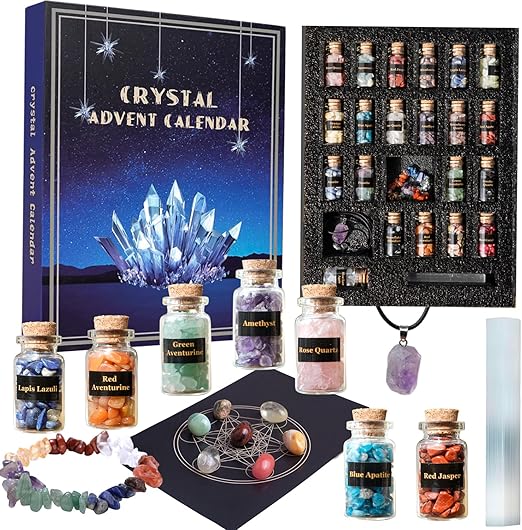 Crystal Advent Calendar 2025 Healing Crystal Natural Gemstone 24 Days Christmas Countdown Calendar for Adult - Natural Crystals Chips Bottles Gift Set for Witch Beginne