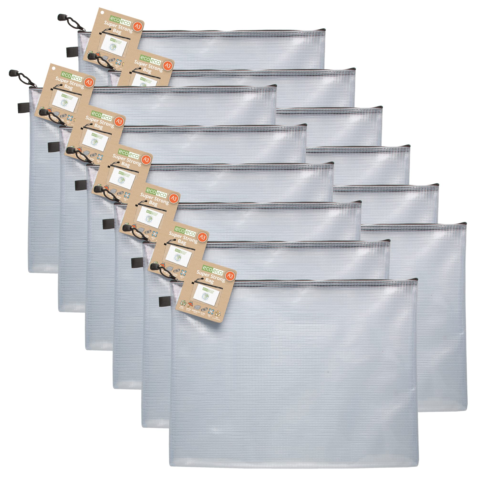 eco-eco A3 95% Recycled Super Strong Bag, Waterproof Mesh Tuff Bag, Reinforced, Black Zip Closure/Clear (Pack of 12) eco040x12