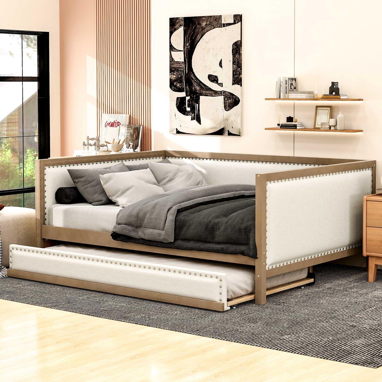 Full Size Upholstered Daybed with Trundle, Nailhead Decoration, Wood Color – Elegant Linen Design, Space-Saving Sleeper for Modern Rooms