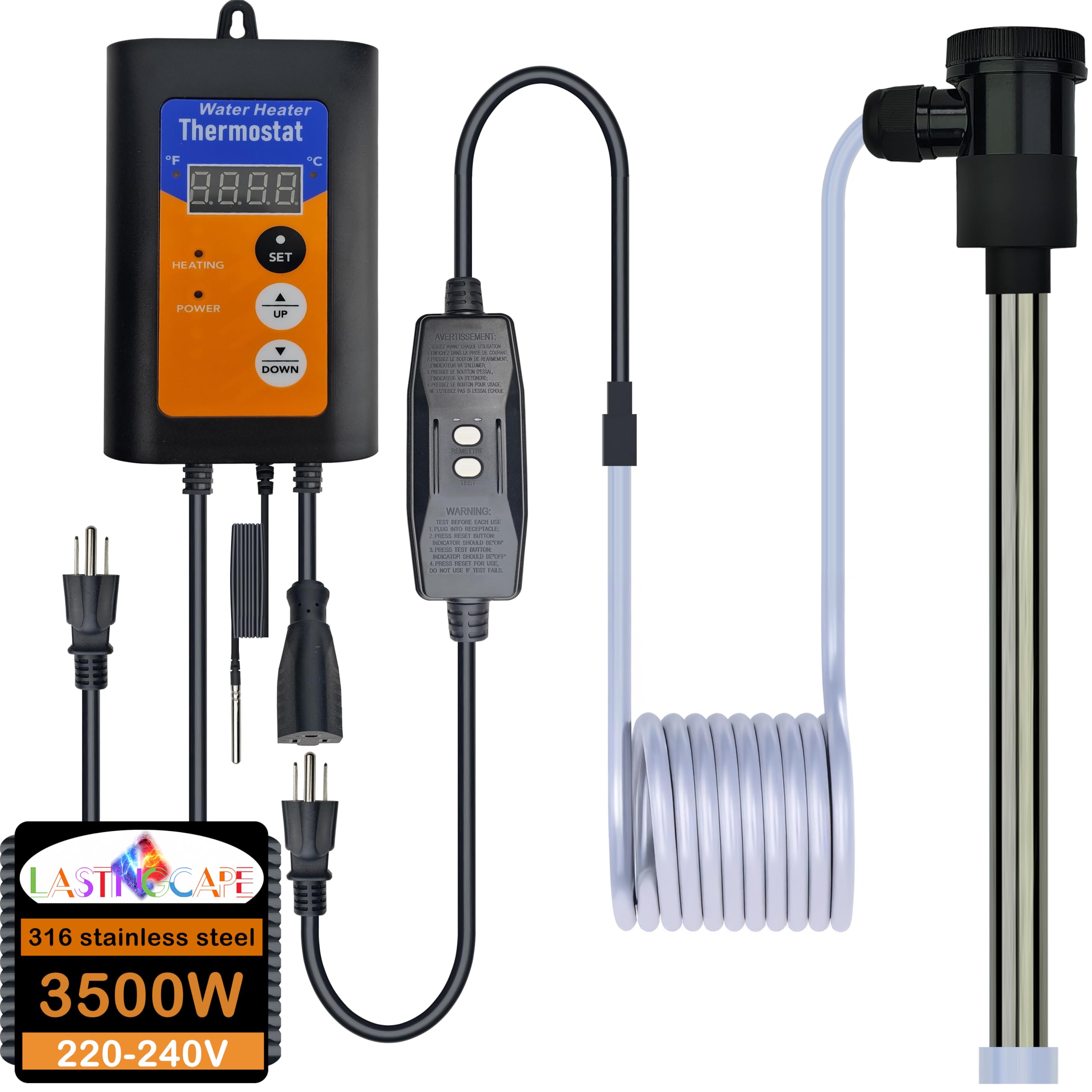Photo 1 of LASTINGCAPE 240V 3500W Fully Submersible Pool & Hot Tub Portable Electric Immersion Water Heater with Thermostat, GFCI Plug for Spa, Pool, Above Ground Pool, Bathtub and Baptistry