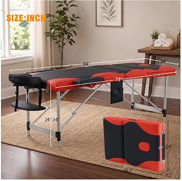 Gaussen Portable Massage Table,84 Massage Tables Portable with Neck Stretcher 3 Fold Adjustable Height Lash Bed Massage Bed Tattoo Table for Eyelash Spa (Aluminum, Black+Red-3 Folding)