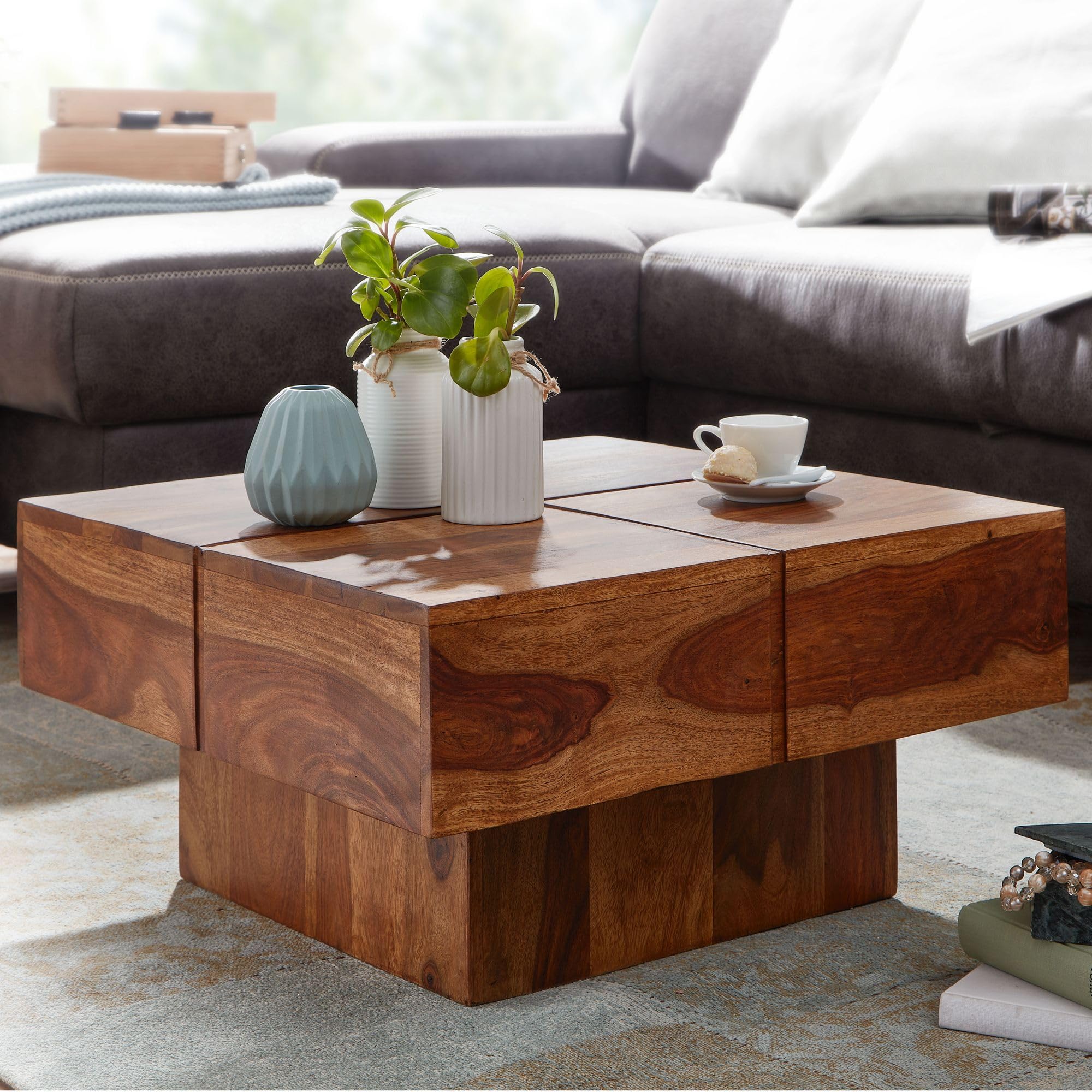 WOHNLING Tavolino SURNAR In Legno Sheesham Massiccio - 43x43x30 Cm, 3 Ripiani, Ideale Come Comodino O Tavolino Da Salotto - 5