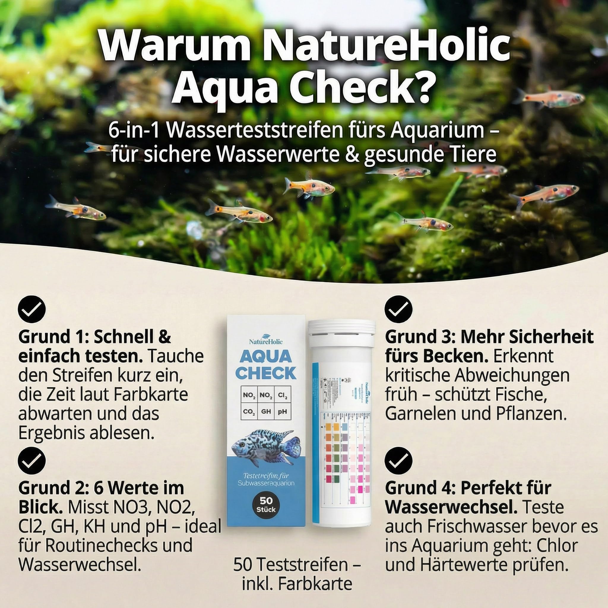 NatureHolic Paski testowe do akwarium 6 w 1 – szybki test azotynów, azotanów, chloru, pH, całkowitej twardości i twardości węglanowej – do akwarium, basenu z krewetkami i świeżej wody