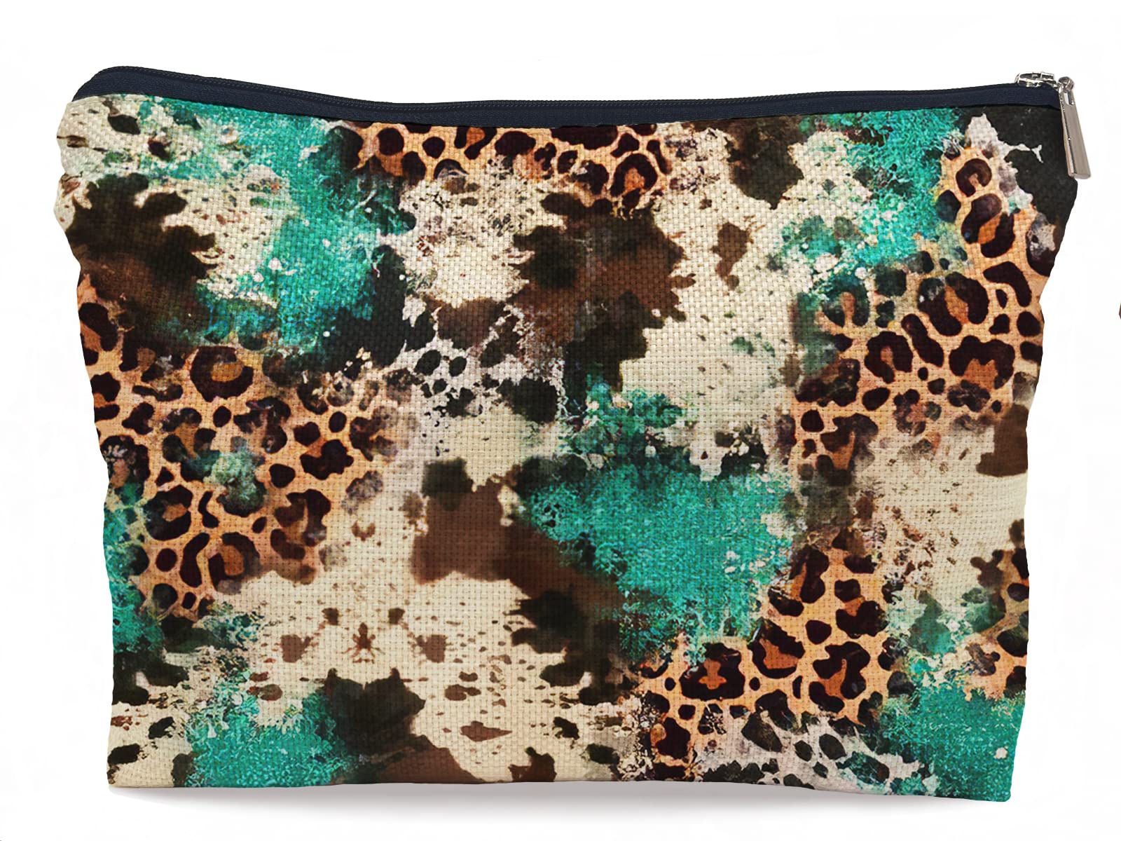 Lacosu Western Cowhide Leopard Turquoise Glitter Pattern Fashion Makeup Bag Make up Cosmetic Bag Small Zipper Pouch,Gifts for Girls Women