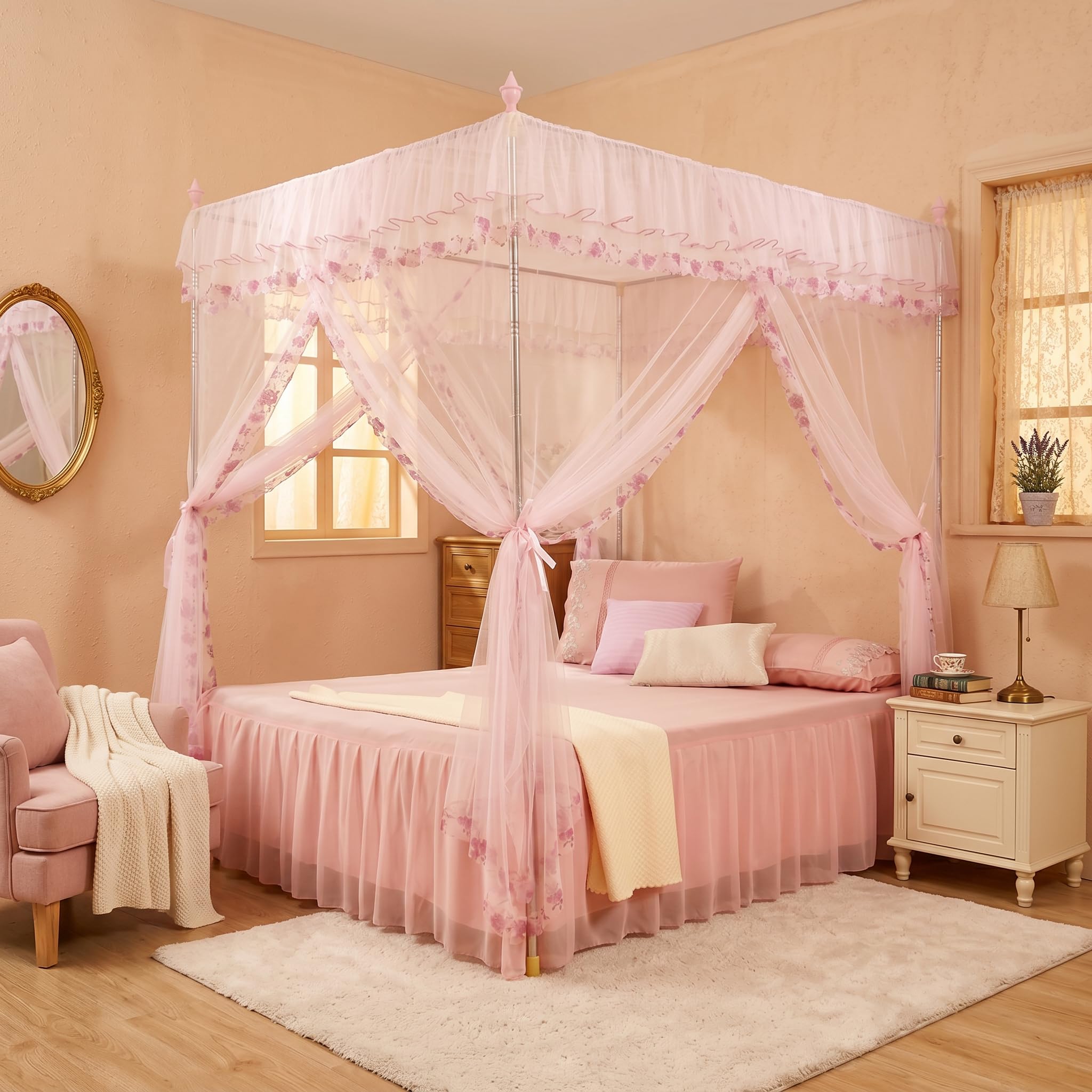 Betthimmel Moskitonetz Bett für Mädchen Luxus-Prinzessin-Quarterposten-Bettvorhänge 3-türiges Netzgewebe Rosa 150x200x200cm