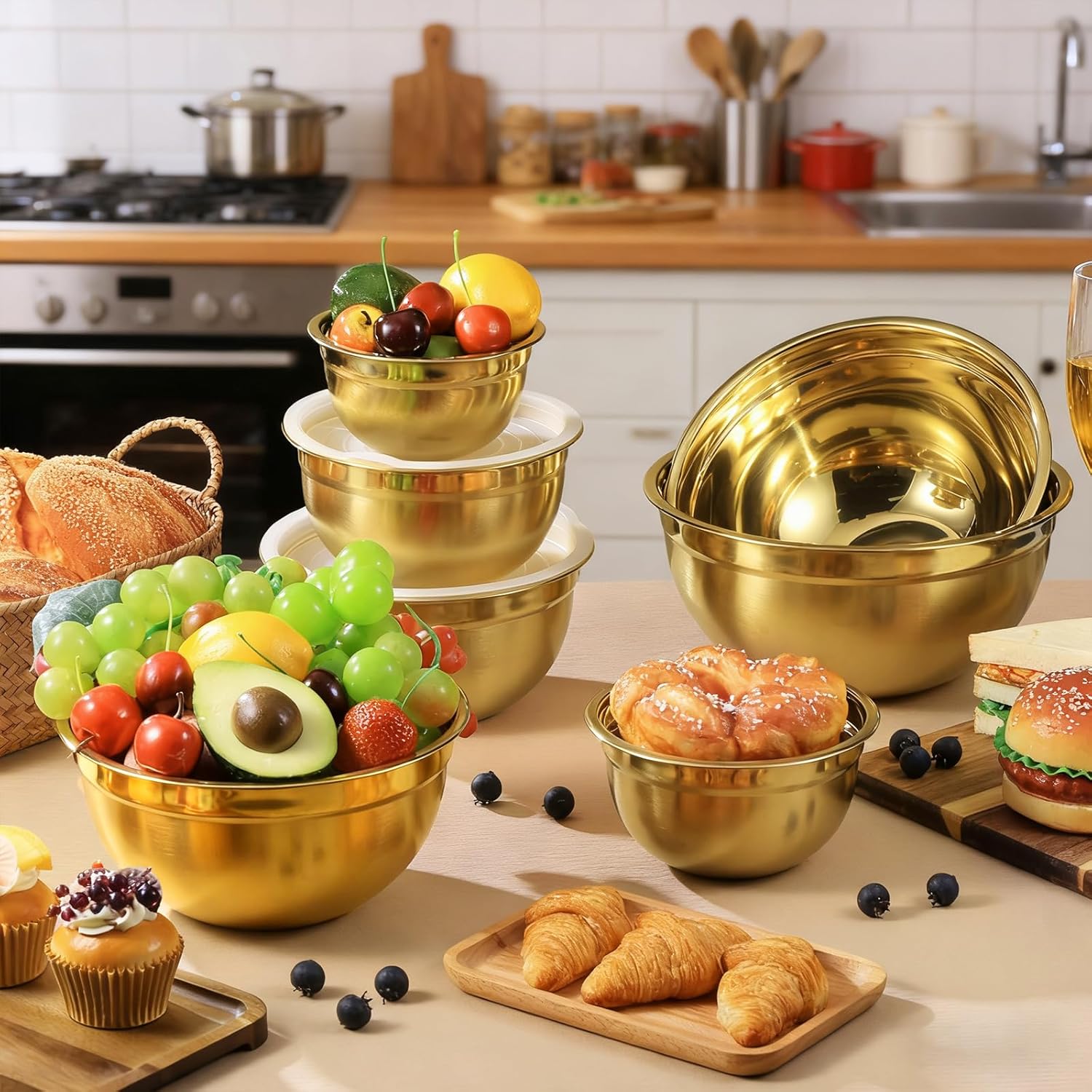 8 Pcs Gold Mixing Bowls with Airtight Lids Set Stainless Steel Mixing Bowls with Colander Gold Nested Bowl for Baking Prepping and Serving Food (0.6, 0.9, 1.3, 1.5, 2.0, 2.5, 3.0 QT) - Image 6