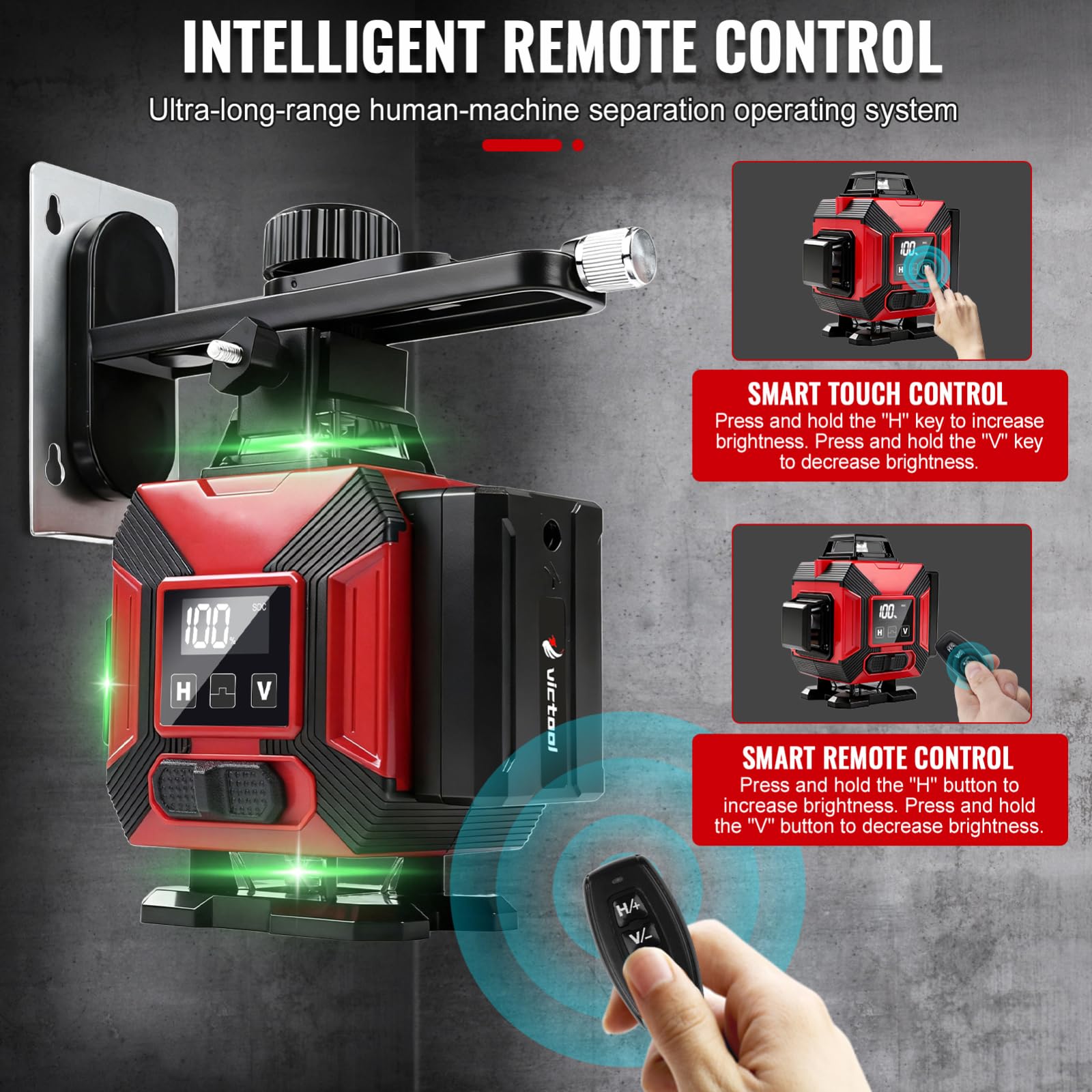 VOBOR Nivel Laser Autonivelante 360 Grados, 16 líneas 4D, 2x 4800 mAh Batería, Pantalla LED, APP et Télécommande, Multitud de Accesorios, Láser Nivel para Azulejos y Paredes