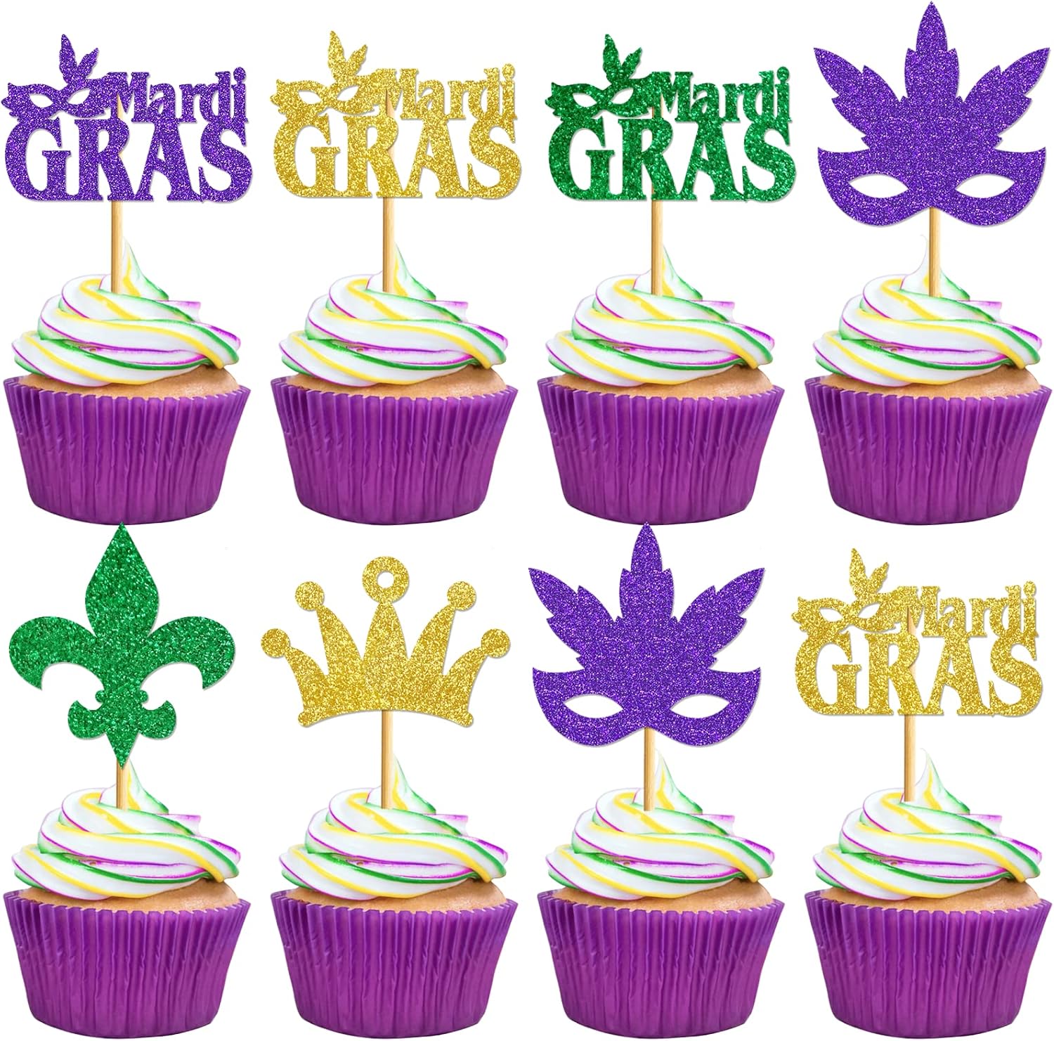 24Pcs Mardi Gras Cupcake Topper for Mardi Gras Decorations