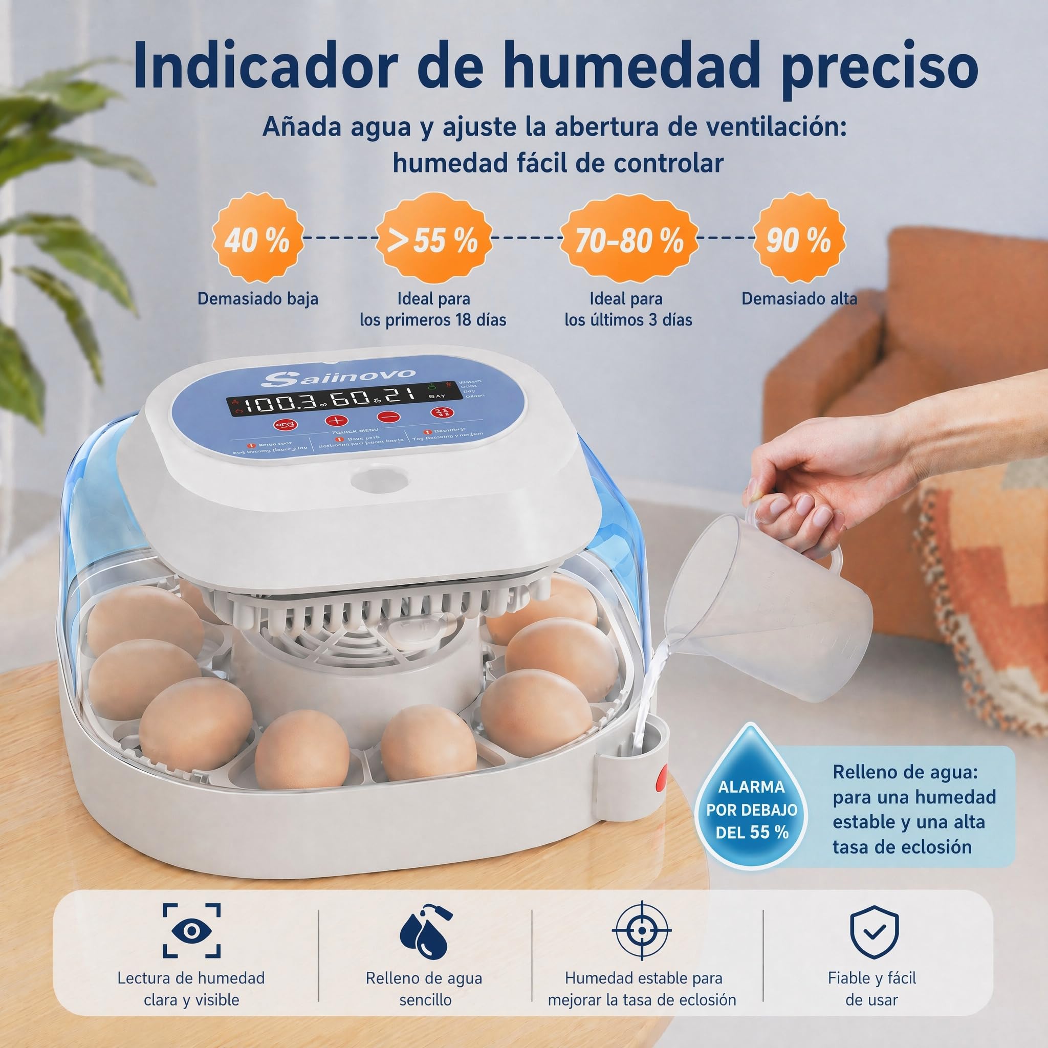 Sailnovo incubadora automática para 12 huevos, 4 modos para aves, con volteo automático, control de temperatura y alarma de humedad, incubadora para huevos de gallina, pato y codorniz (Azul)