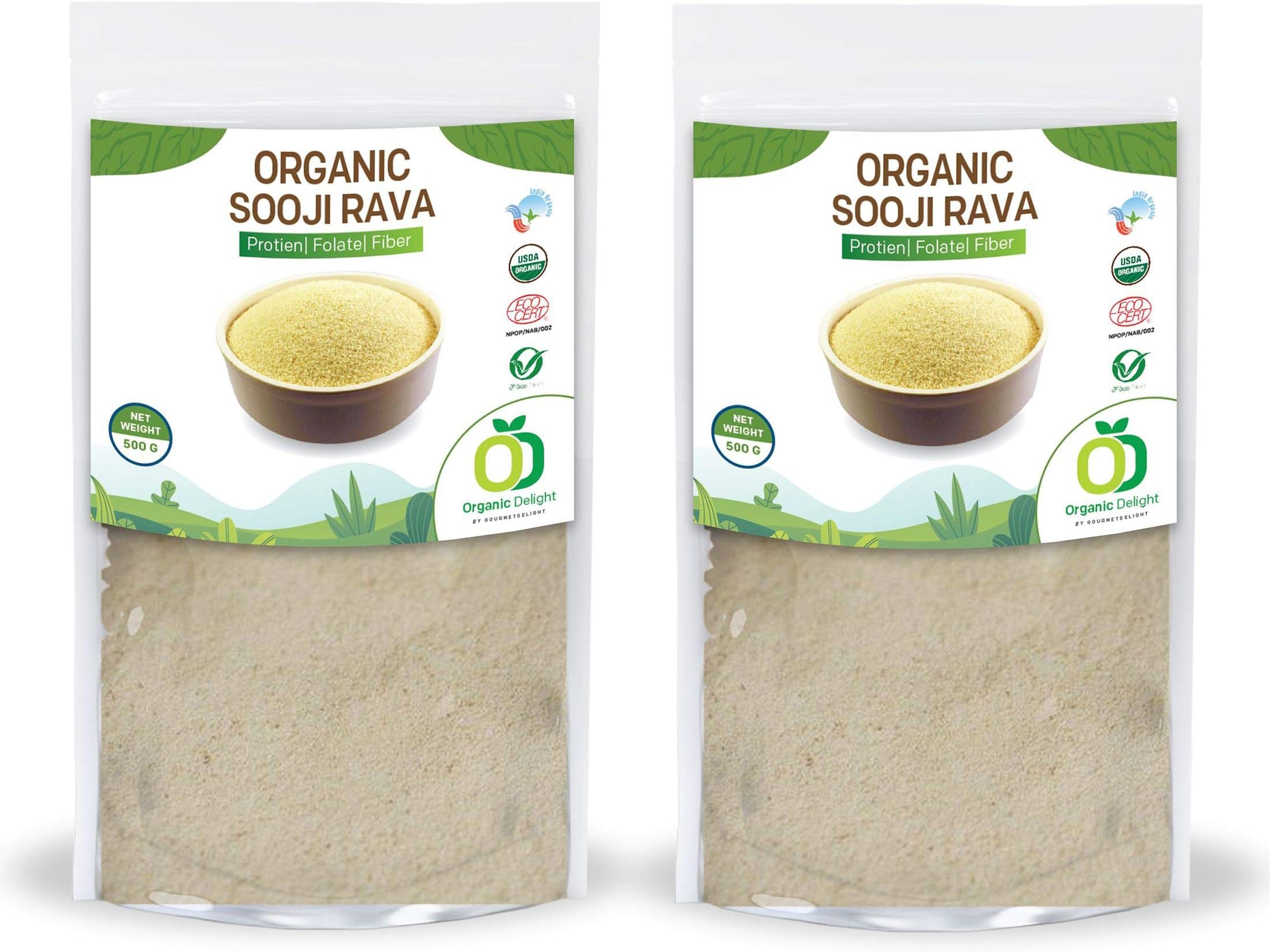 Organic Delight Sooji Rawa with Organic Protein & Folate Fiber, Suji Used for Uppma, Delicious Breakfasts, Snacks, USDA Certified Rava/Semolina Forfor (1kg)
