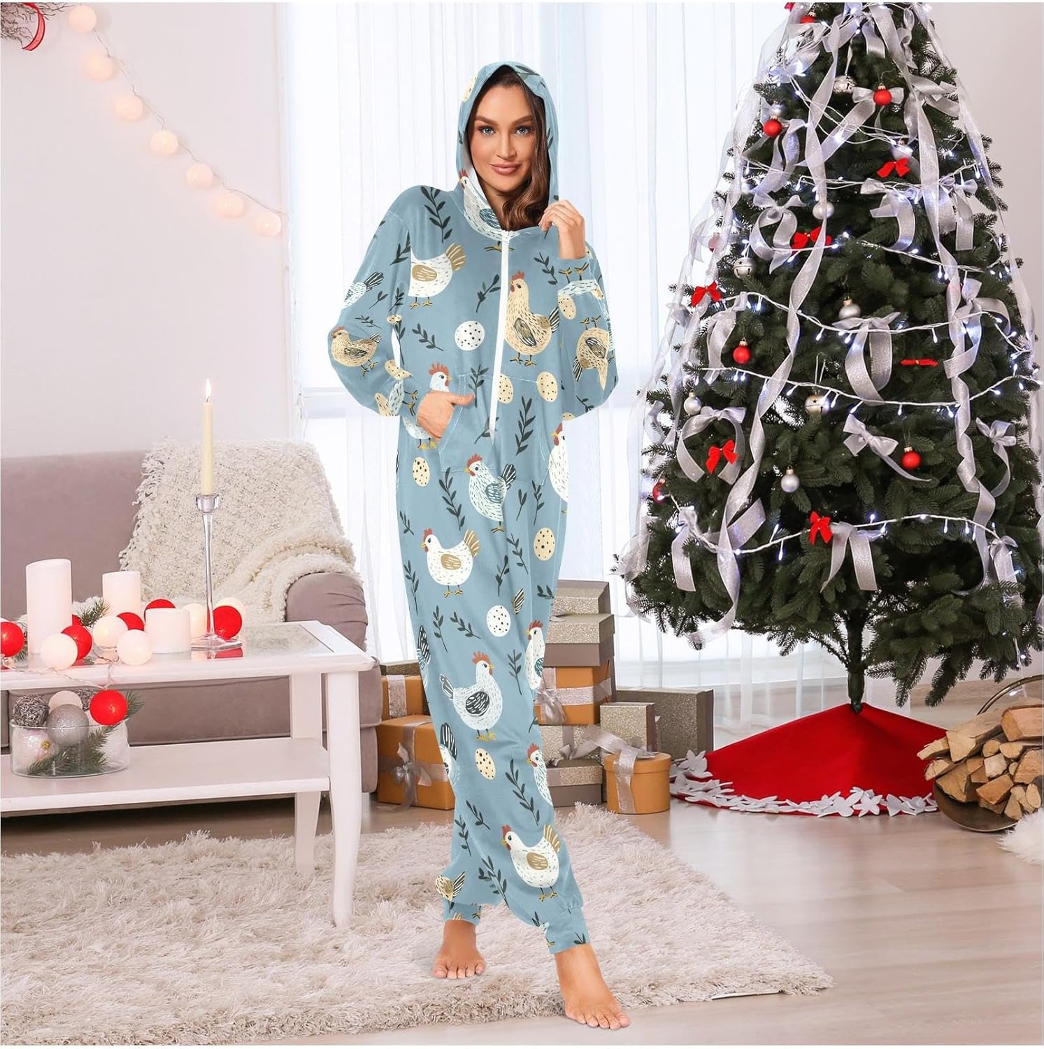 ZZKKO Blue Farm Hens Eggs Adult Onesie Pajamas for Women Men Cozy One Piece Pajamas Costume Zip-Up Hooded S-XL