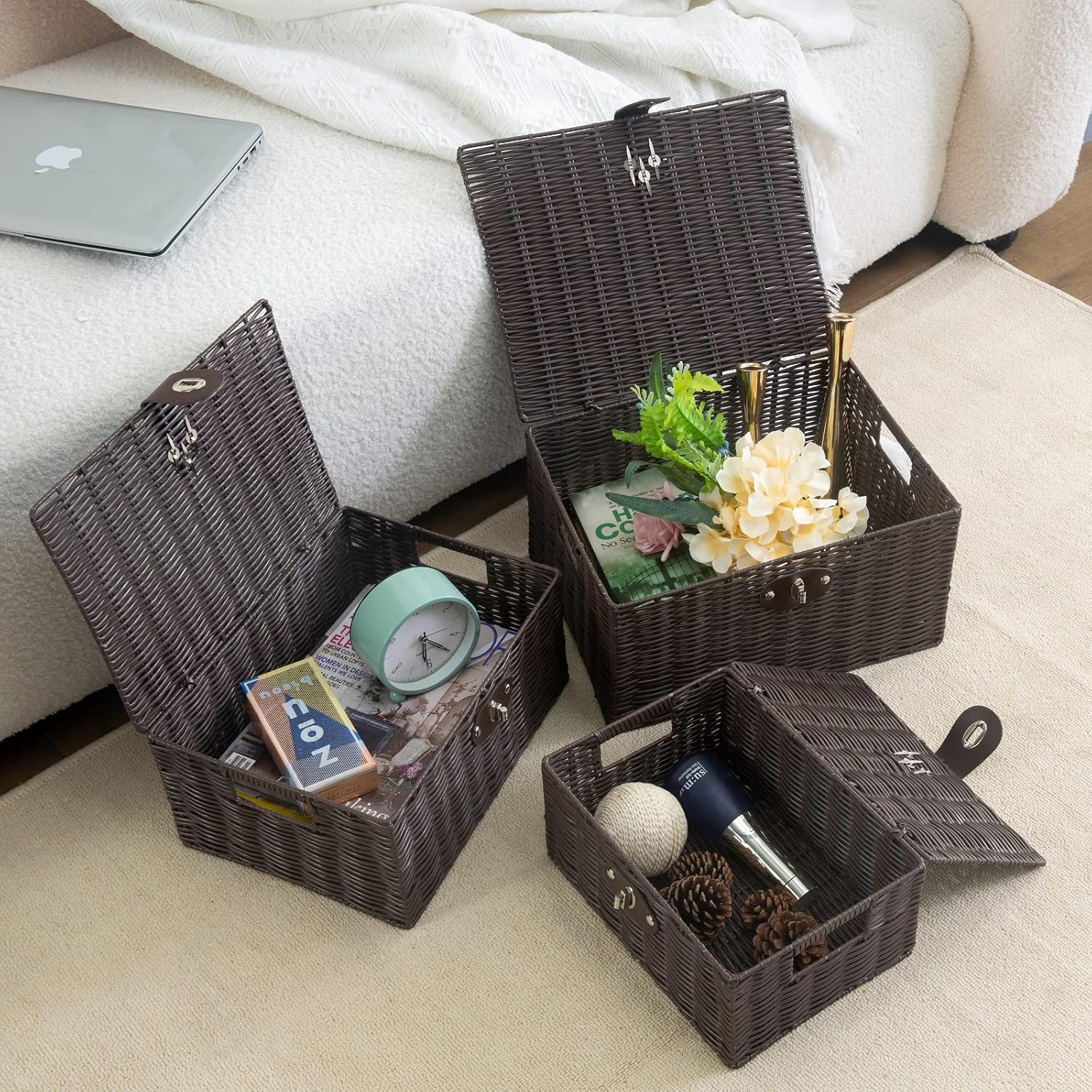 Set of 3 Woven Wicker Storage Basket Box with Lids & Lock, Built-in Carry Handles, Multifunctional Storage Organizer for Nursery, Baby, Clothes, Toys, Books, Large/Medium/Small Size (Brown)