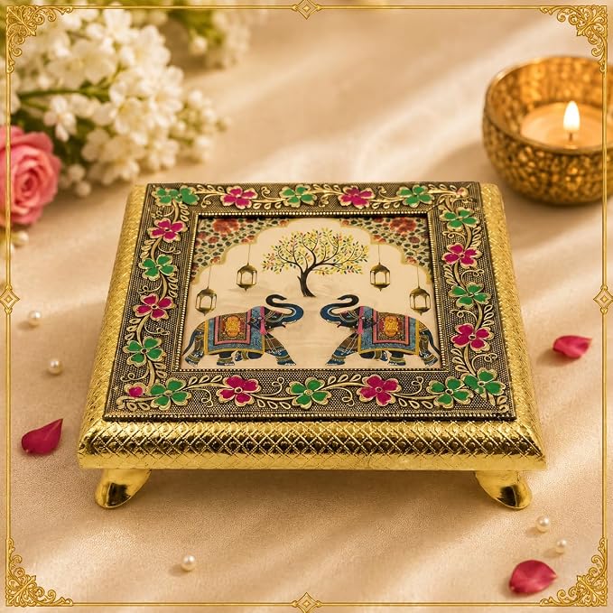 Wooden Puja Chowki 8x8 Inch | Elephant Design | Bajot Patla for Pooja | Handcrafted Chowki for Home Mandir | Puja Stool for God Idols | Pooja Aasan for Temple Decor
