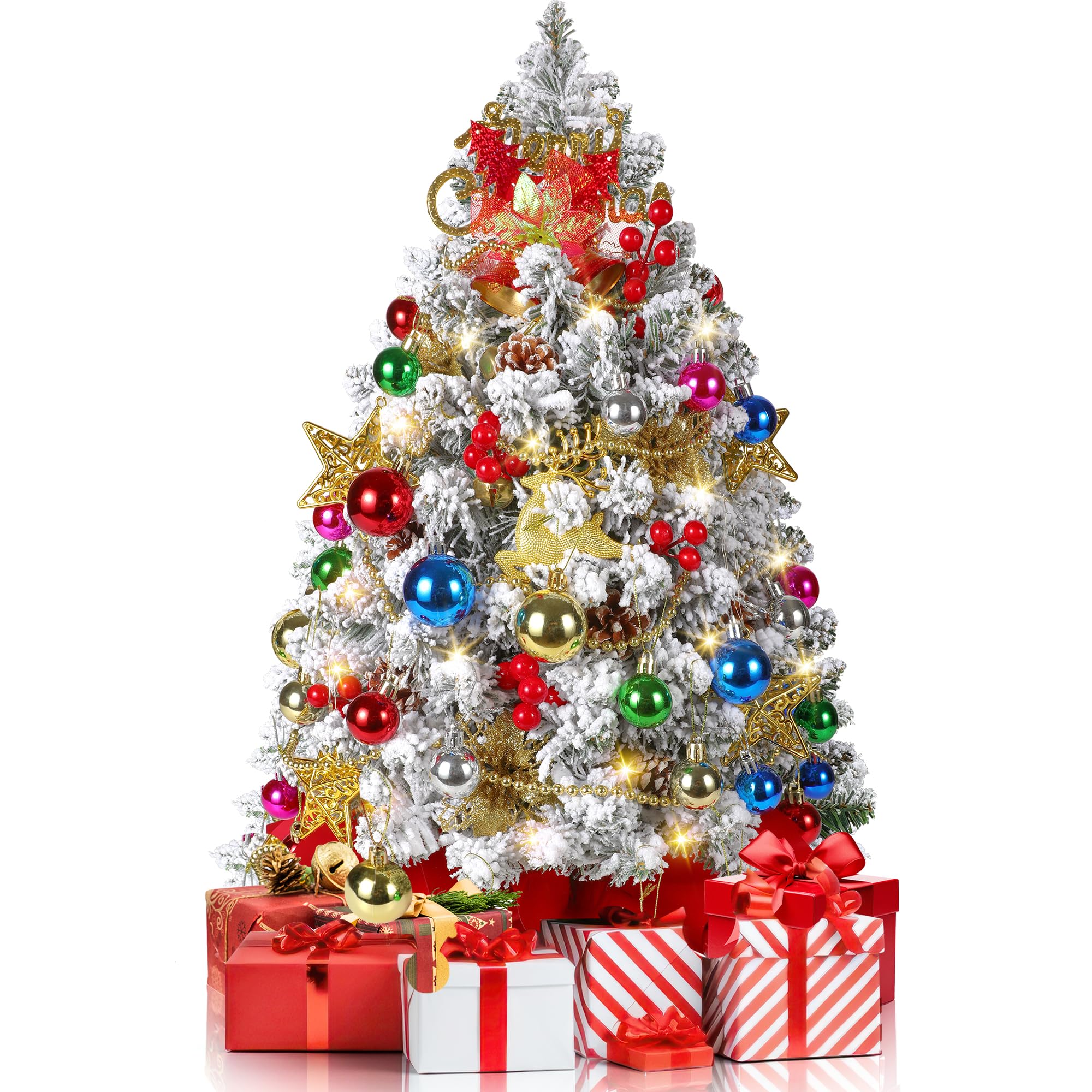 2FT Mini Christmas Tree, 100 Lifelike Branches, 60 LED Lights, 24 Inches Tabletop Artificial Pre-lit Christmas Tree with 58 Ornaments, Small Xmas Tree for Holiday Indoor DIY Decor (Snow)